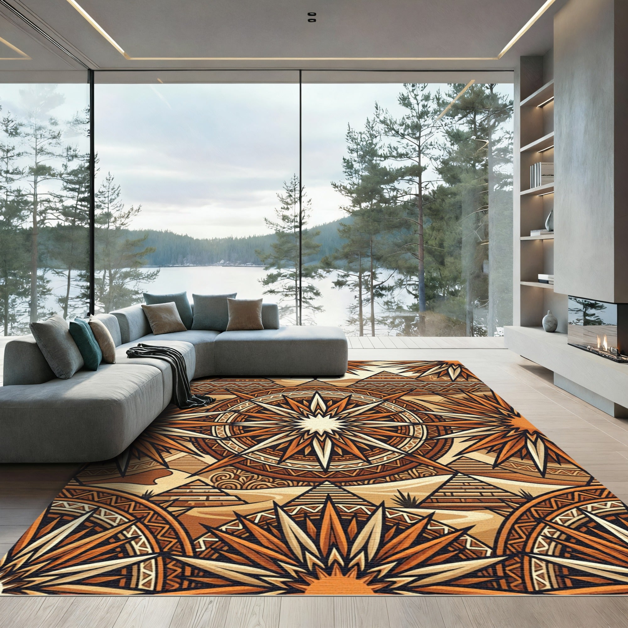 Golden Sun Ancient Pyramid Geometric Rug