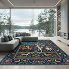 Royal Blue Equestrian Hunt Garden Scene Rug