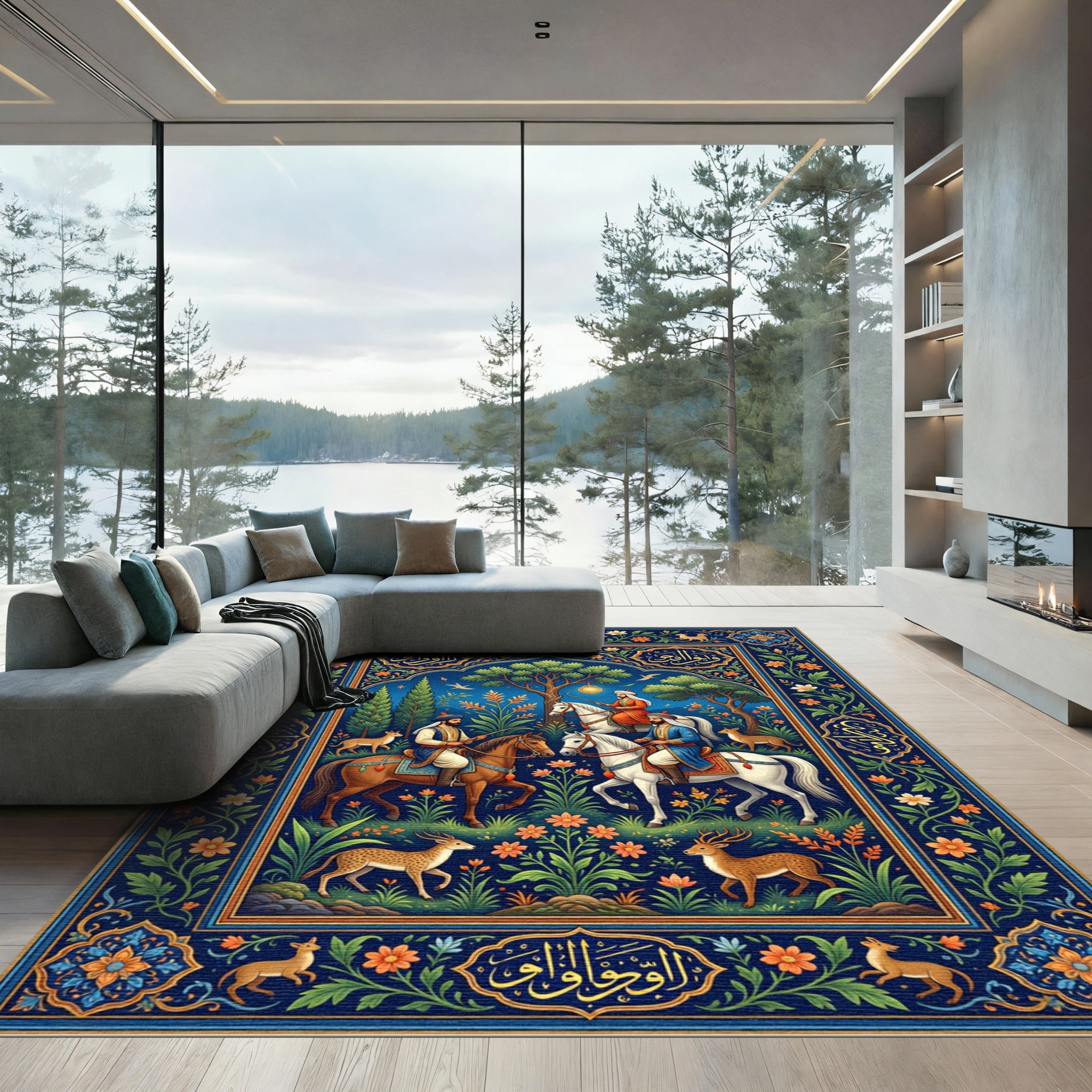 Royal Blue Equestrian Hunt Garden Scene Rug