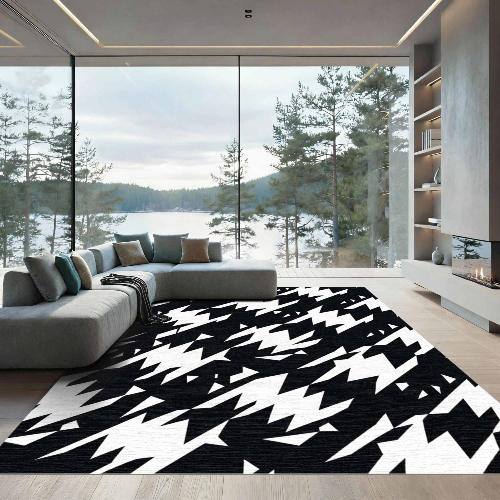 Black White Jagged Houndstooth Rug