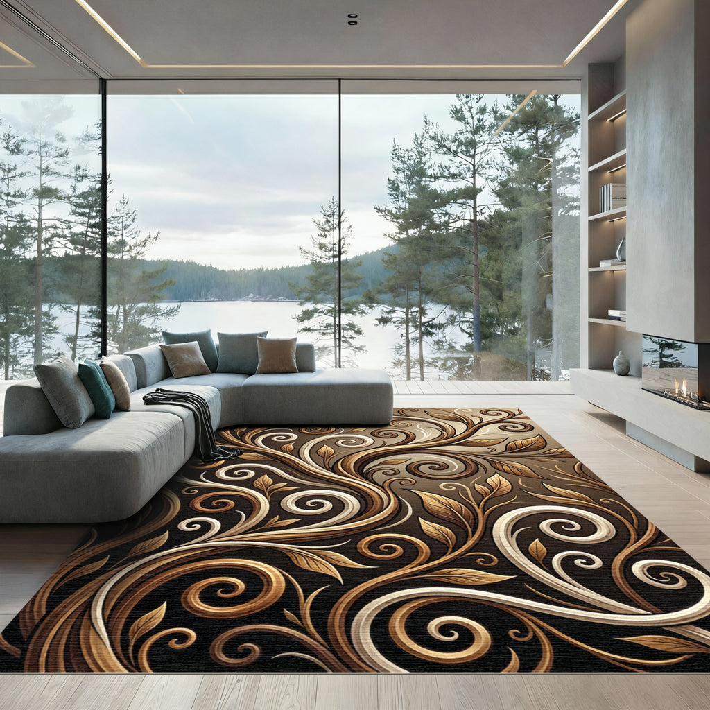 Rich Gold Brown Swirl Foliage Rug