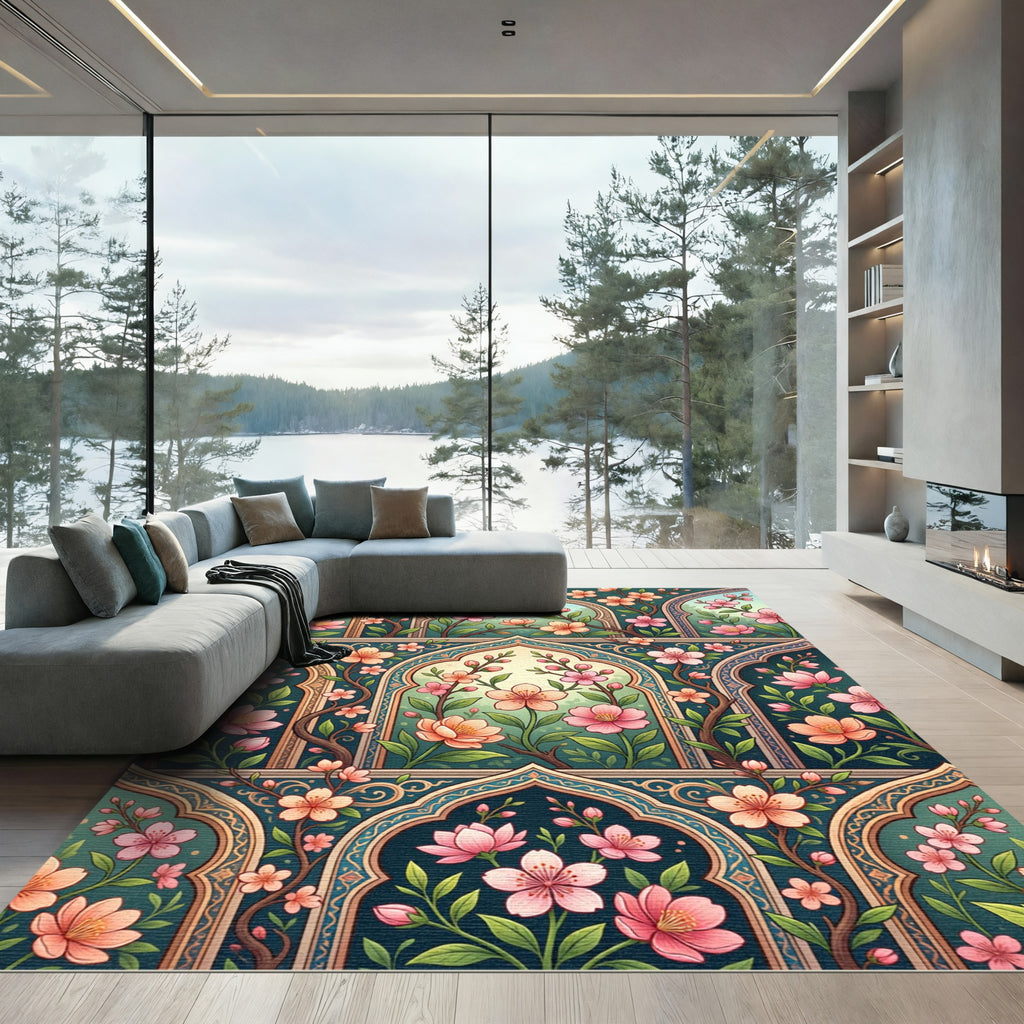 Teal Floral Arch Blossom Garden Rug
