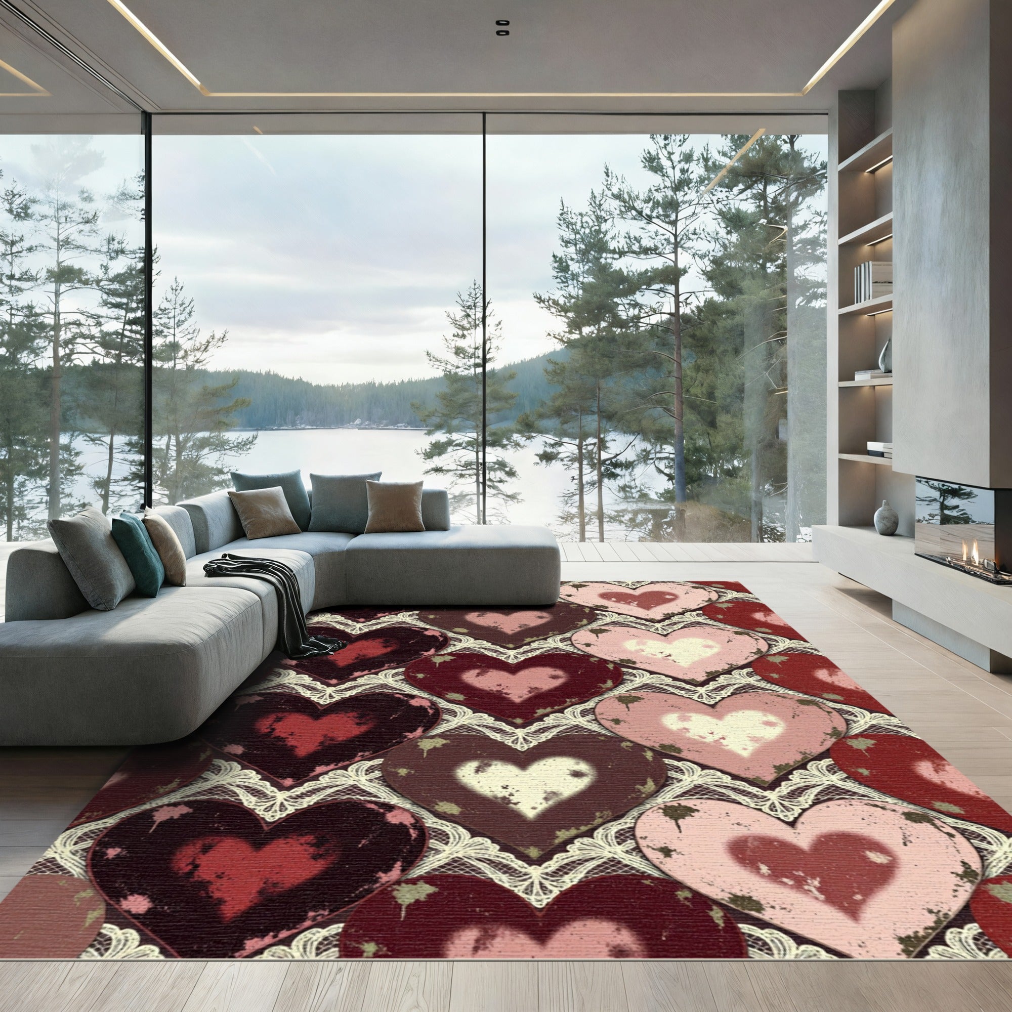 Vintage Distressed Heart Lace Tapestry Rug