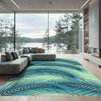Lush Teal Tropical Palm Frond Leaves Rug