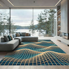 Modern Gold and Teal Wavy Grid Rug