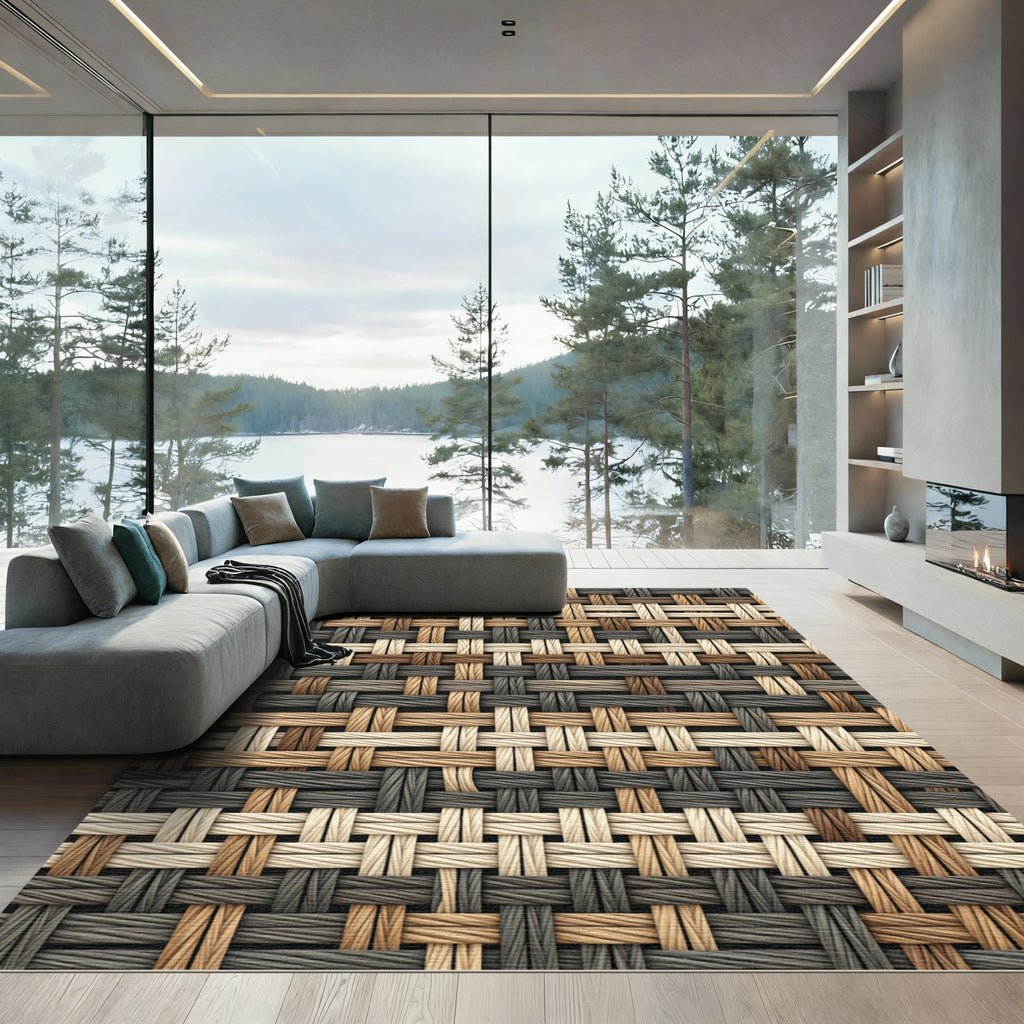 Textured Woven Neutral Earth Tone Grid Rug