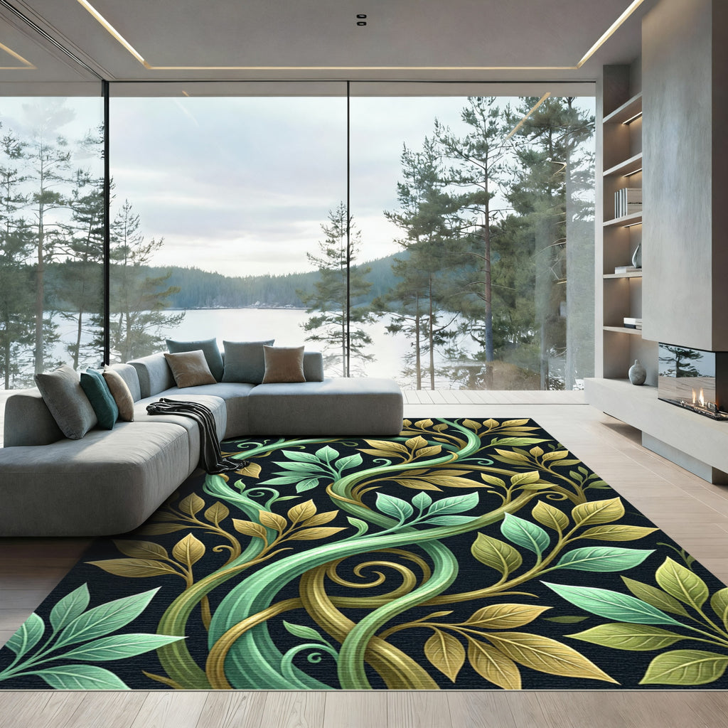Elegant Golden Sage Intertwining Botanical Vines Rug