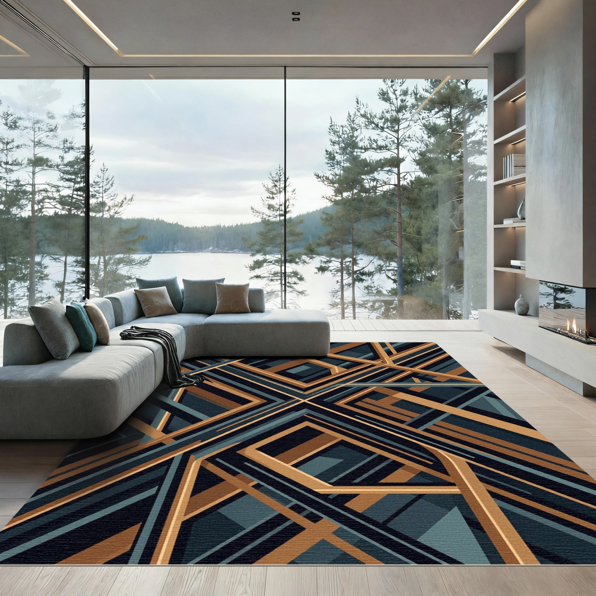 Abstract Gold and Charcoal Geometric Lines Rug
