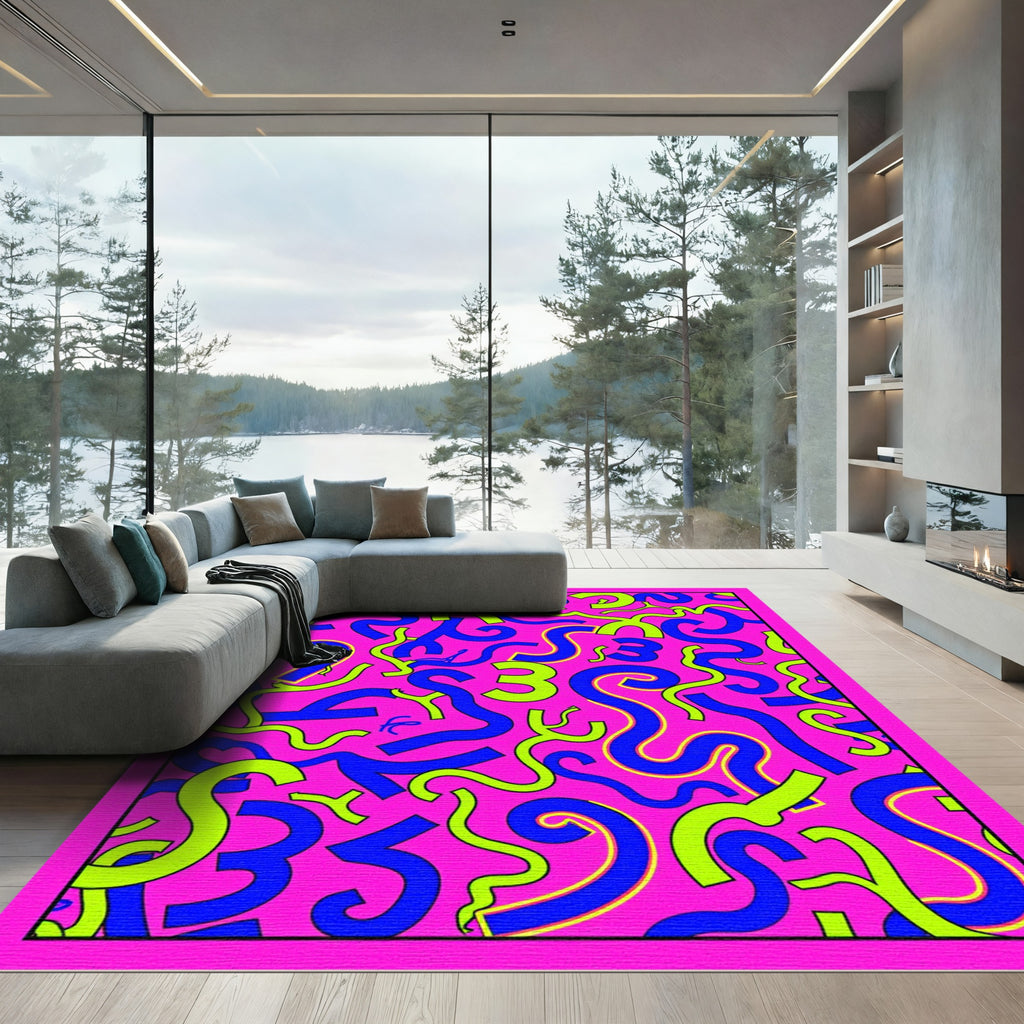 Vibrant Pink Blue Yellow Scribble Rug