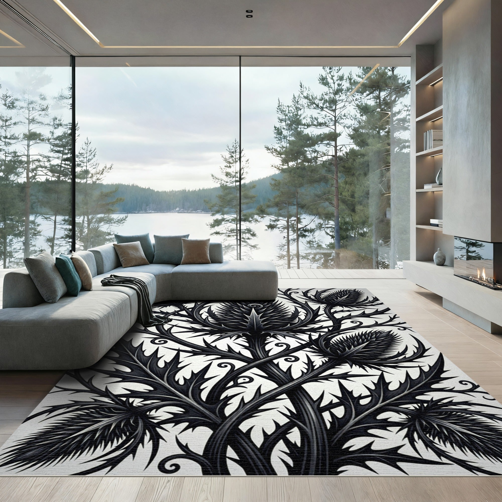 Black Thistle Vine Arrangement Rug