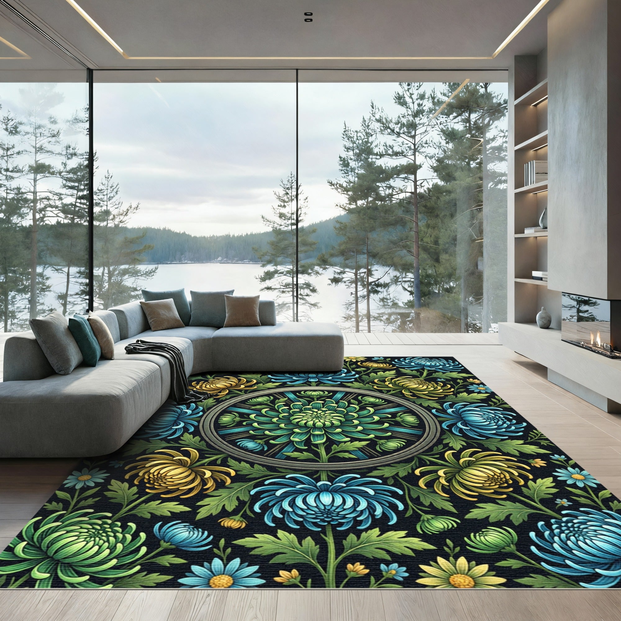 Radiant Blue and Gold Chrysanthemum Medallion Rug