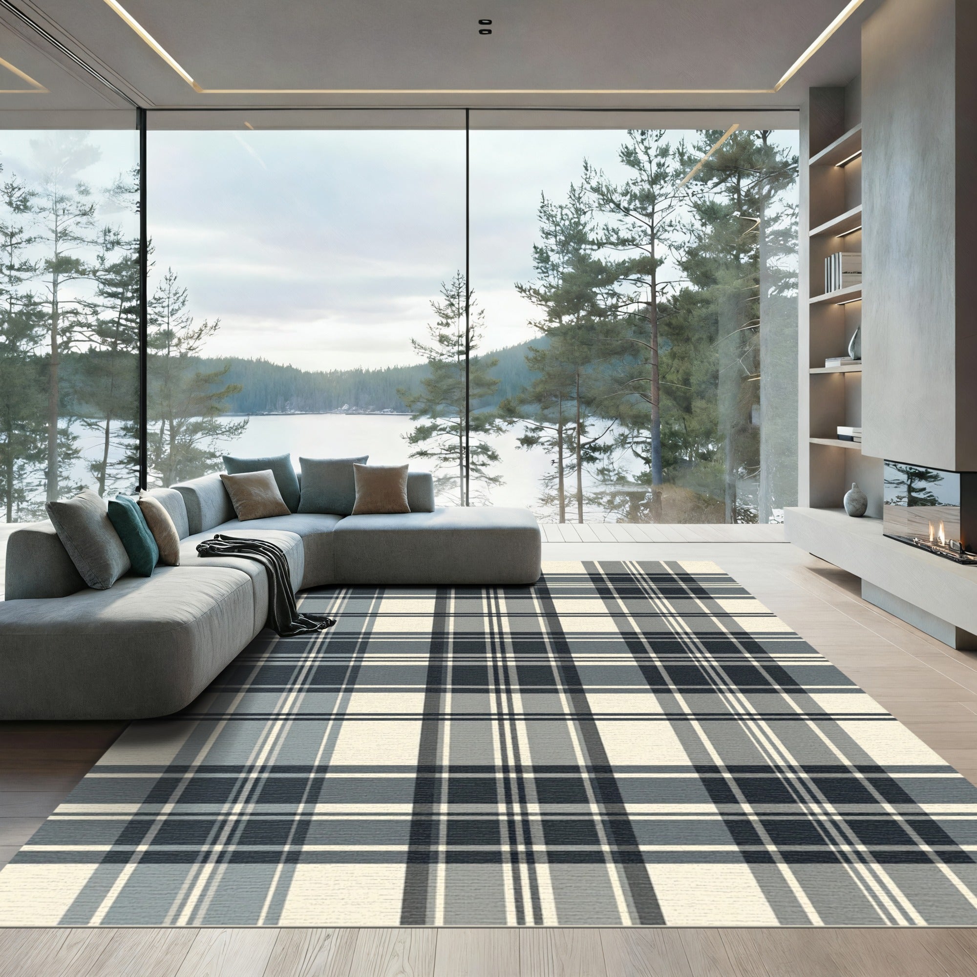 Classic Cream Navy Blue Plaid Square Rug