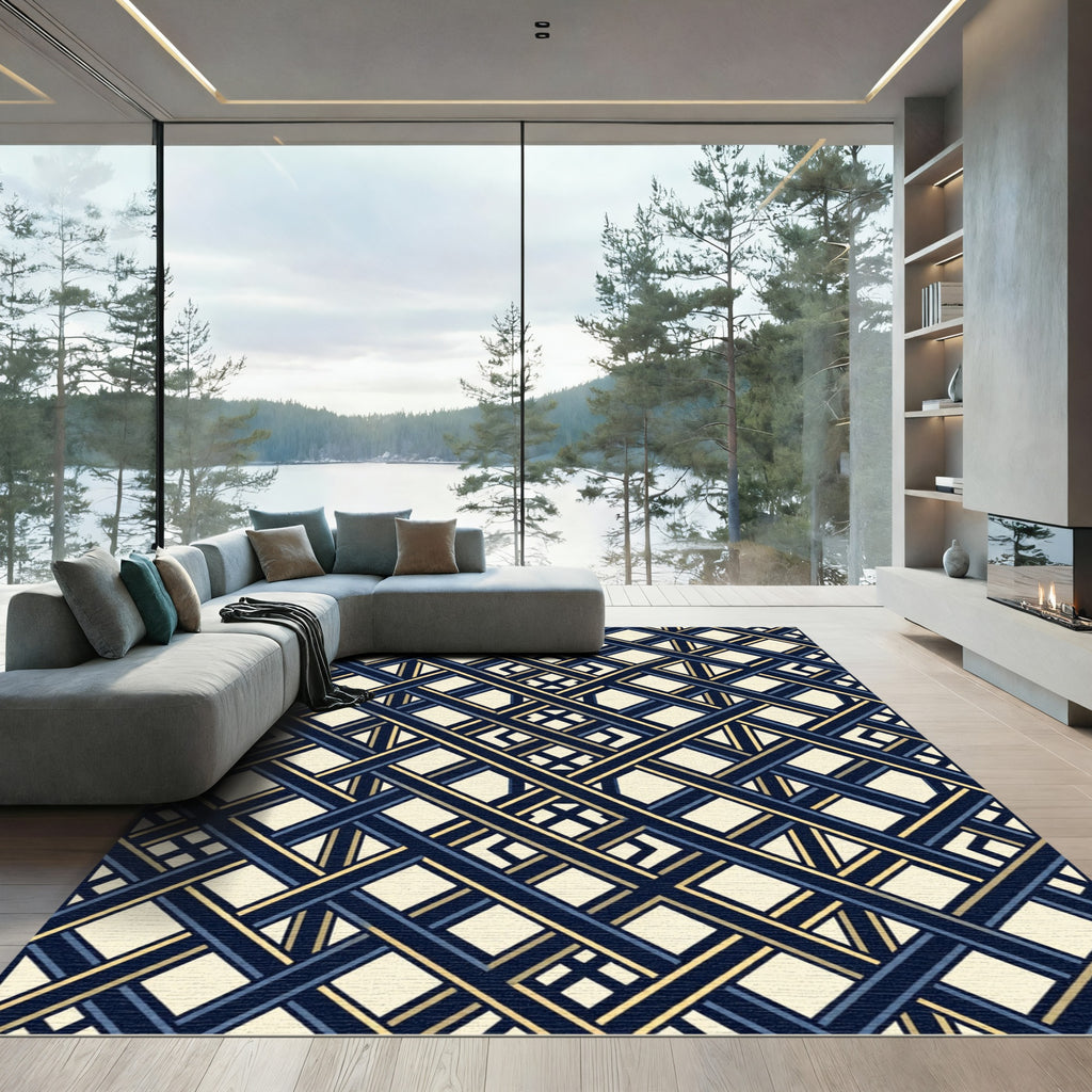 Art Deco Navy Gold Geometric Lattice Rug