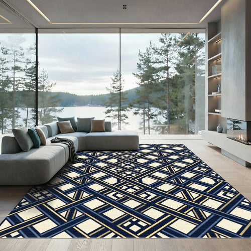 Art Deco Navy Gold Geometric Lattice Rug