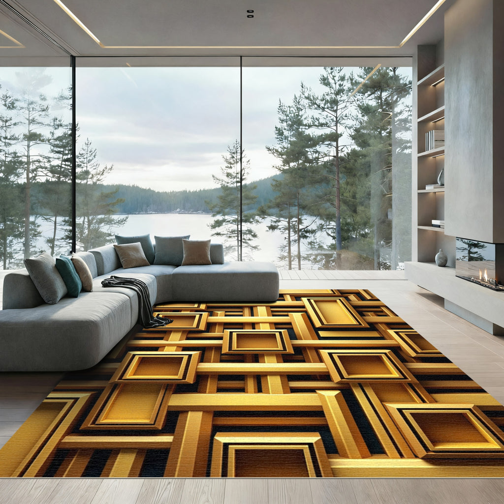 Modern Geometric Golden Interwoven Grid Rug
