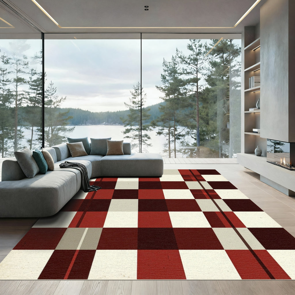 Modern Gingham Check Dark Red Rug