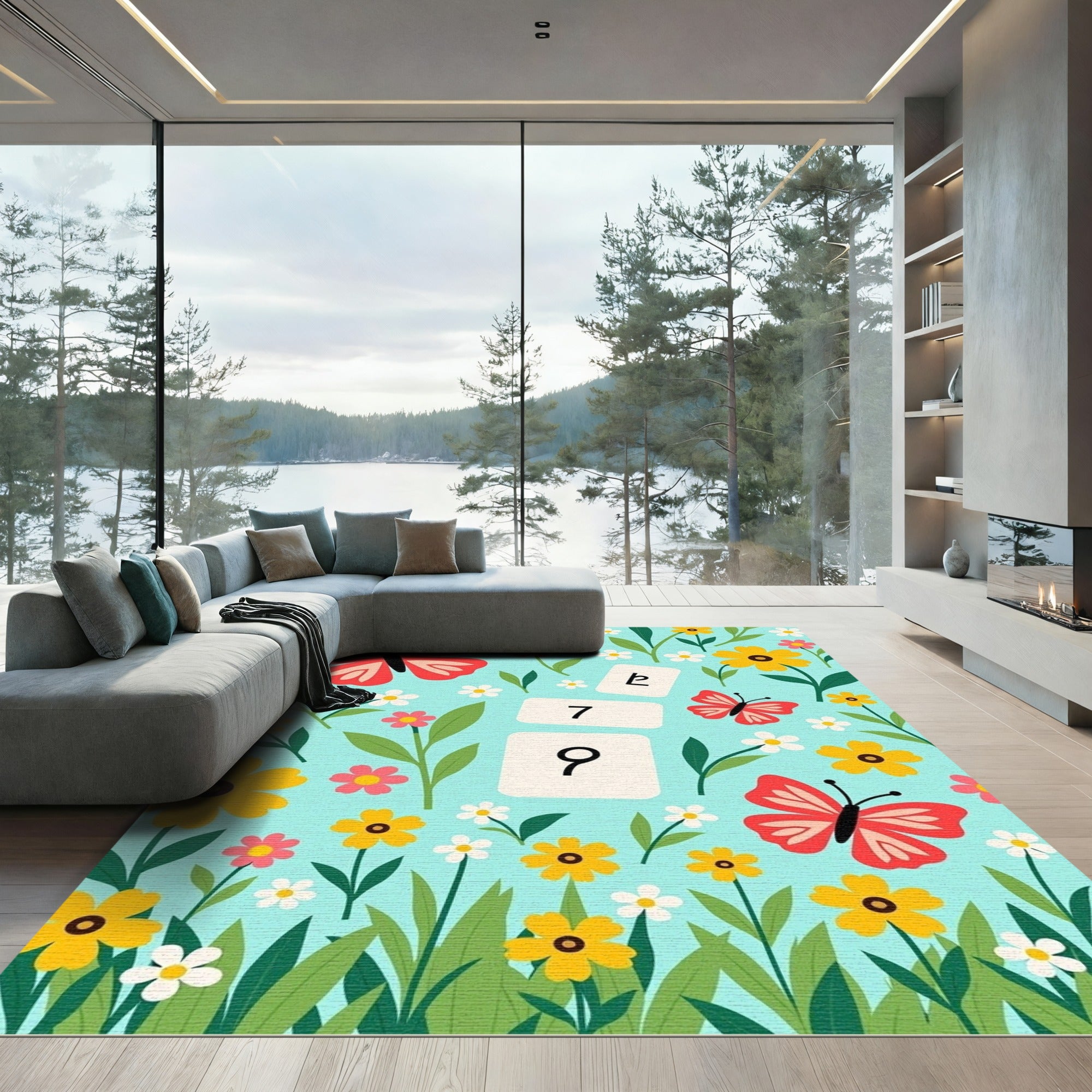 Playful Red Butterflies Whimsical Floral Garden Rug