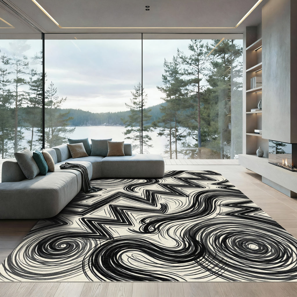 Monochromatic Abstract Zigzag And Swirl Art Rug