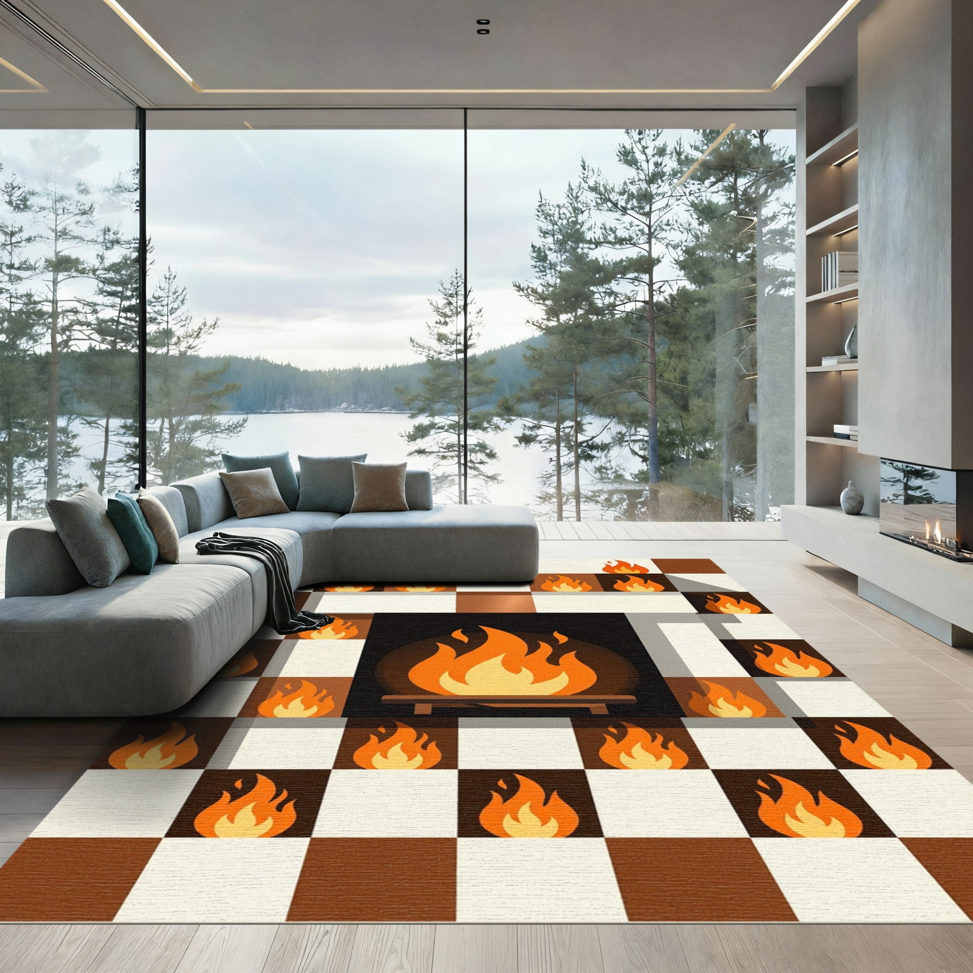Abstract Flame Chessboard Ochre Cream Area Rug