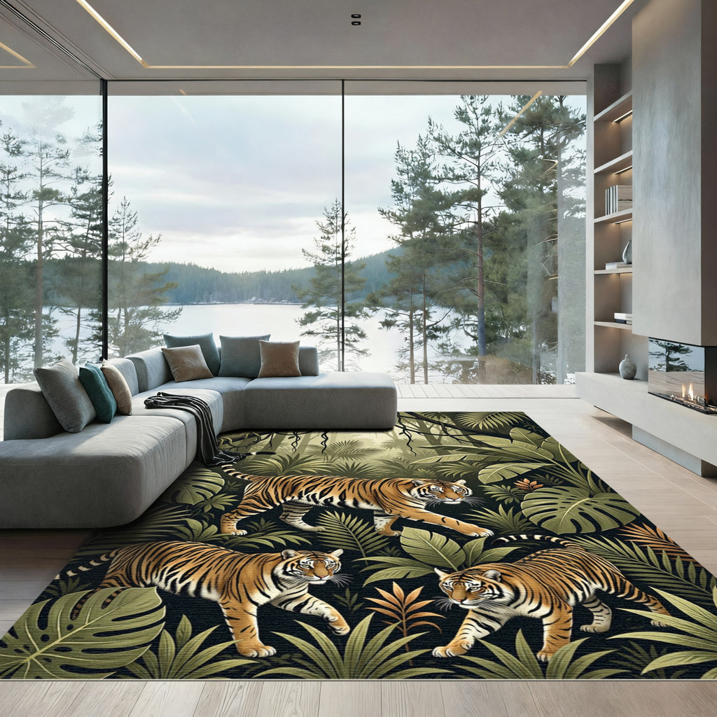 Vibrant Tiger Jungle Foliage Art Rug