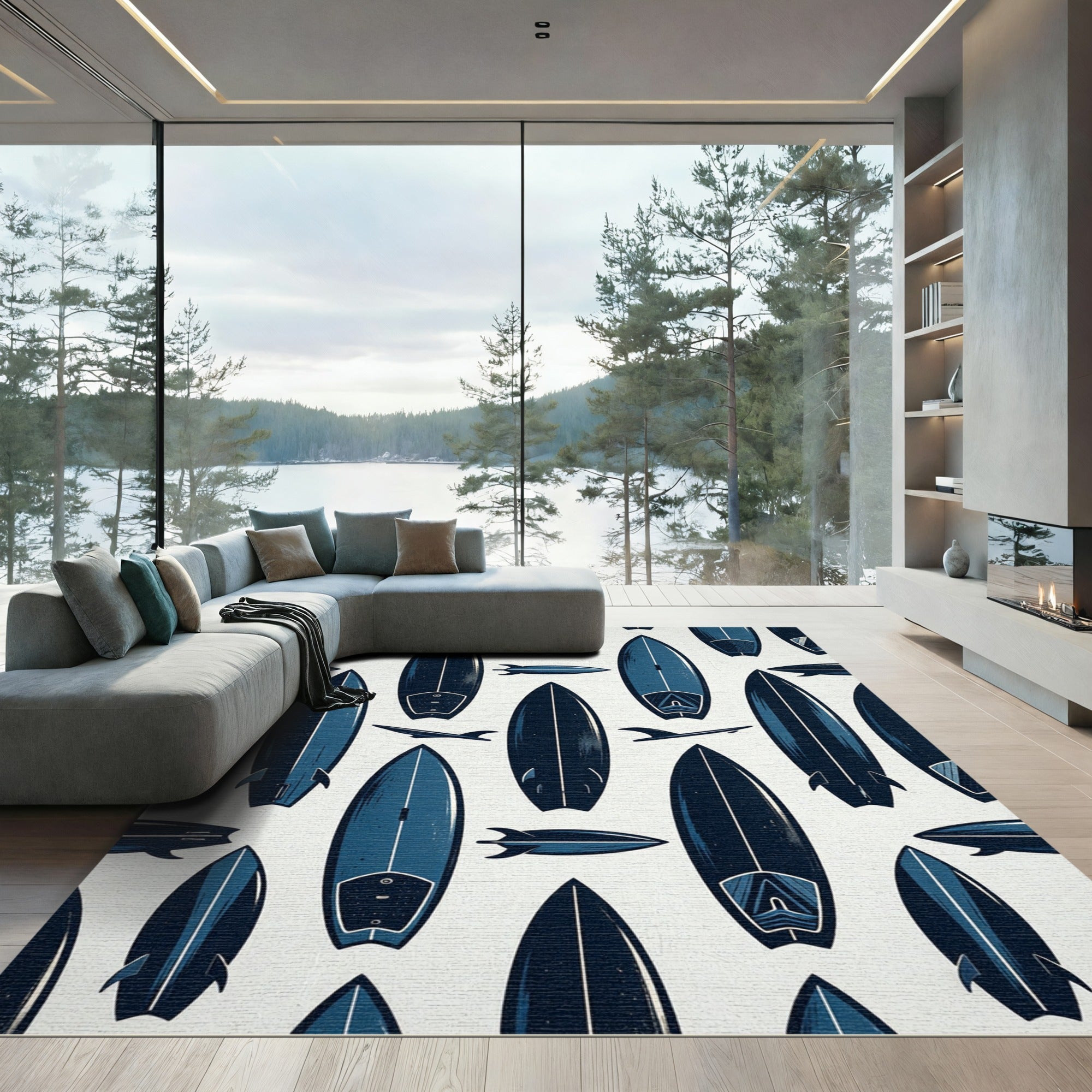 Minimalist Navy Blue Surfboard Illustration Rug