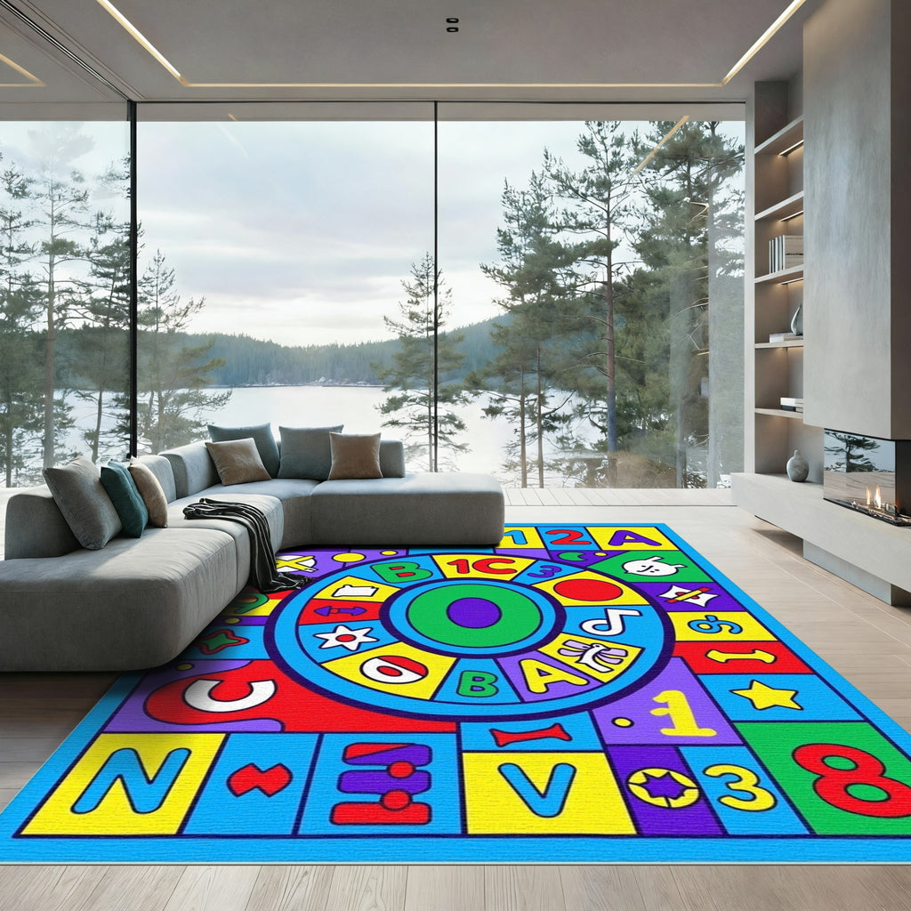 Colorful Alphabet Numbers Wheel Composition Rug
