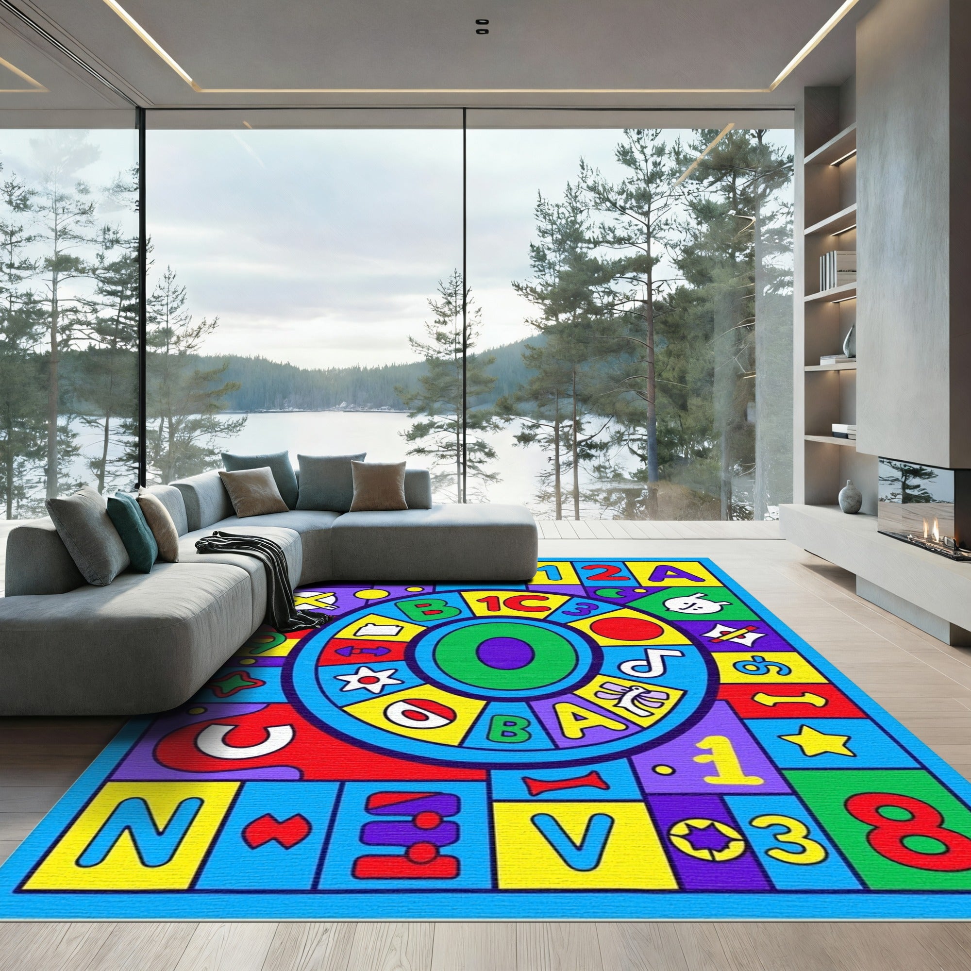 Colorful Alphabet Numbers Wheel Composition Rug