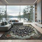 Vintage Silver Chrysanthemum Floral Medallion Rug