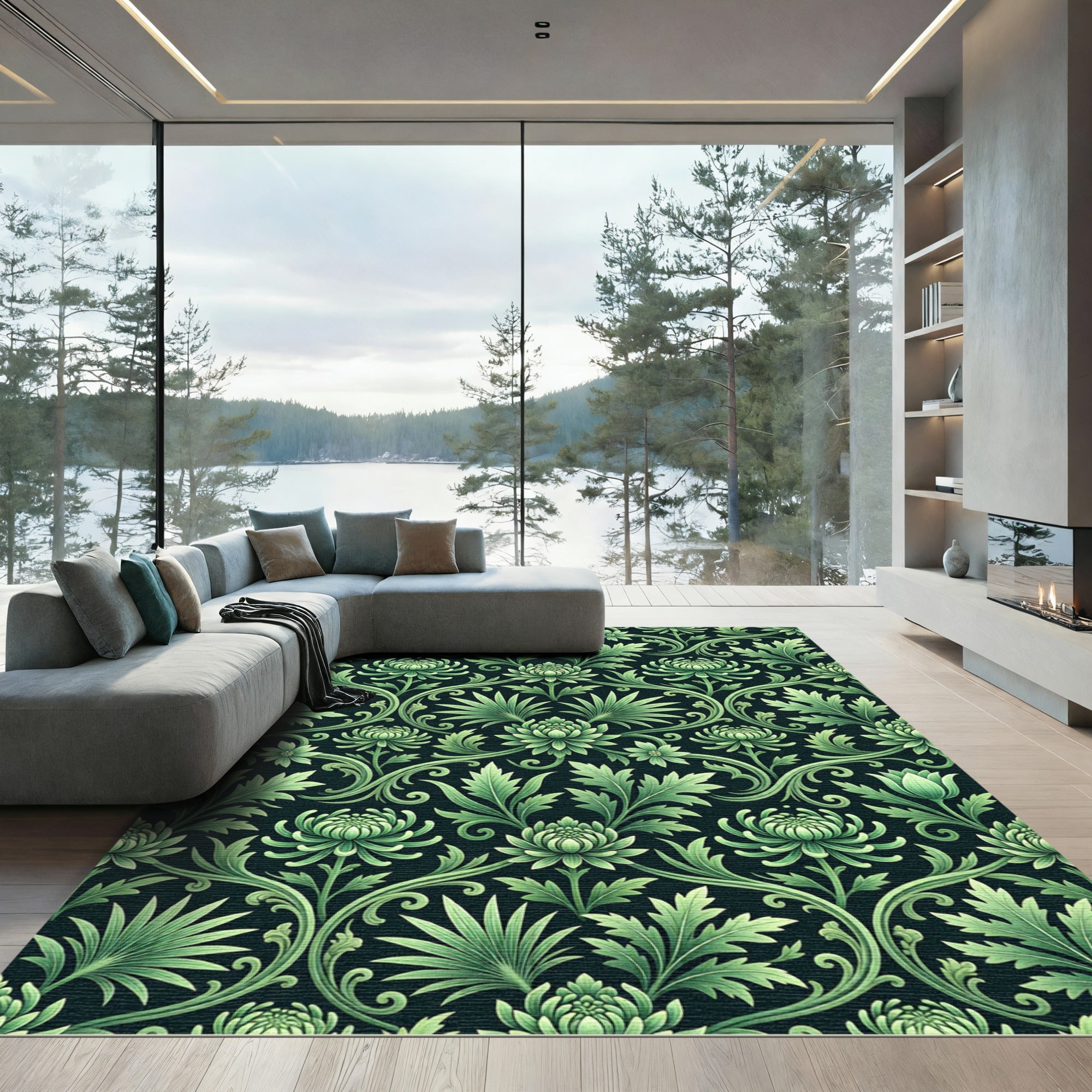 Lush Green Floral Vine Rug