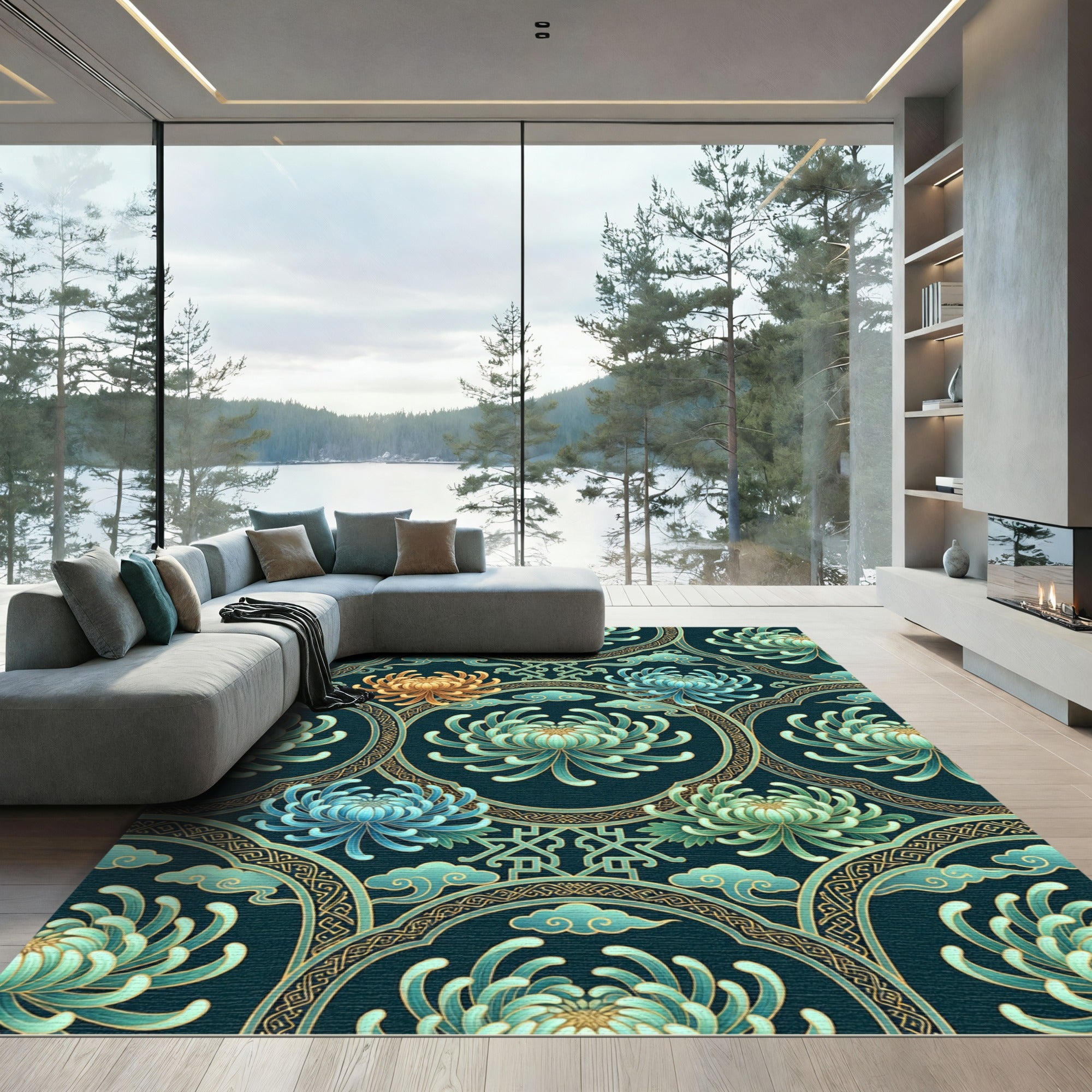 Teal Golden Chrysanthemum Floral Medallion Rug