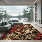 Rich Red Cream Rose Damask Romance Rug