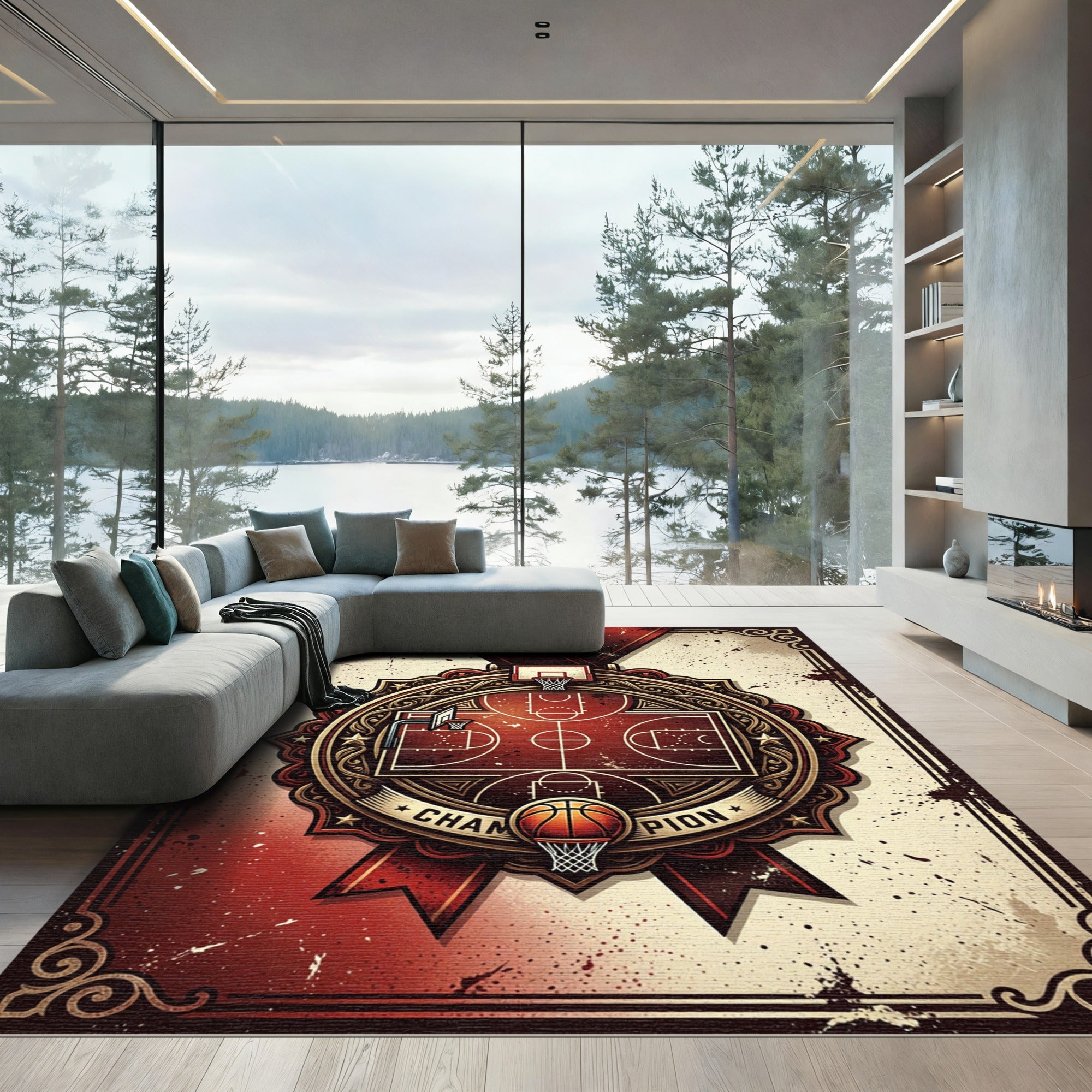 Vintage Crimson Basketball Champion Medallion Rug