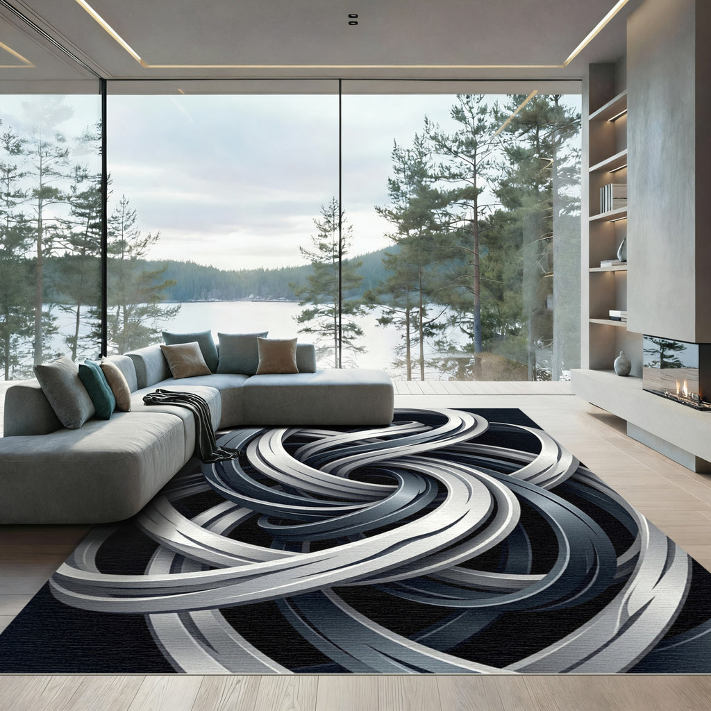 Modern Monochrome Swirling Intertwined Ribbon Rug