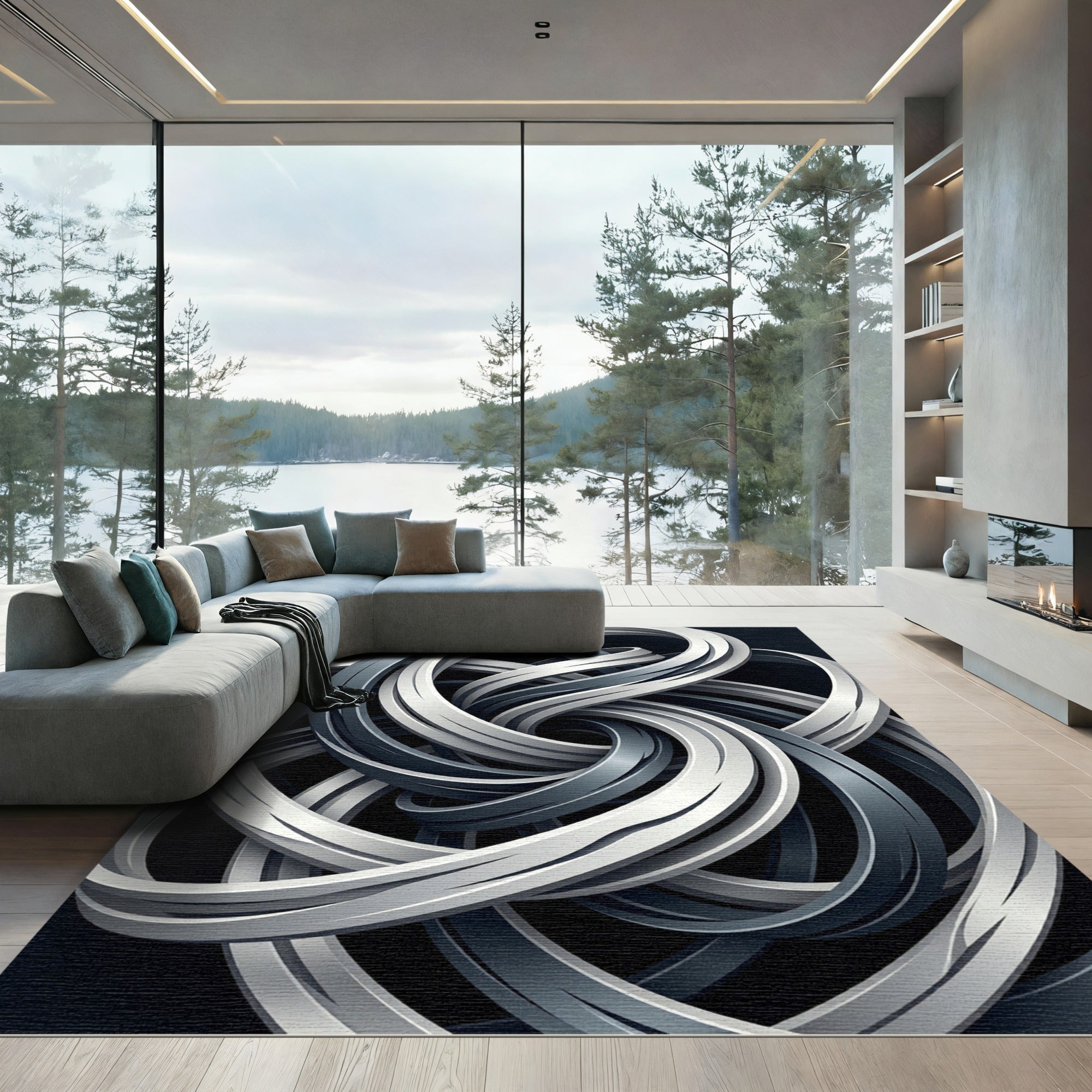 Modern Monochrome Swirling Intertwined Ribbon Rug