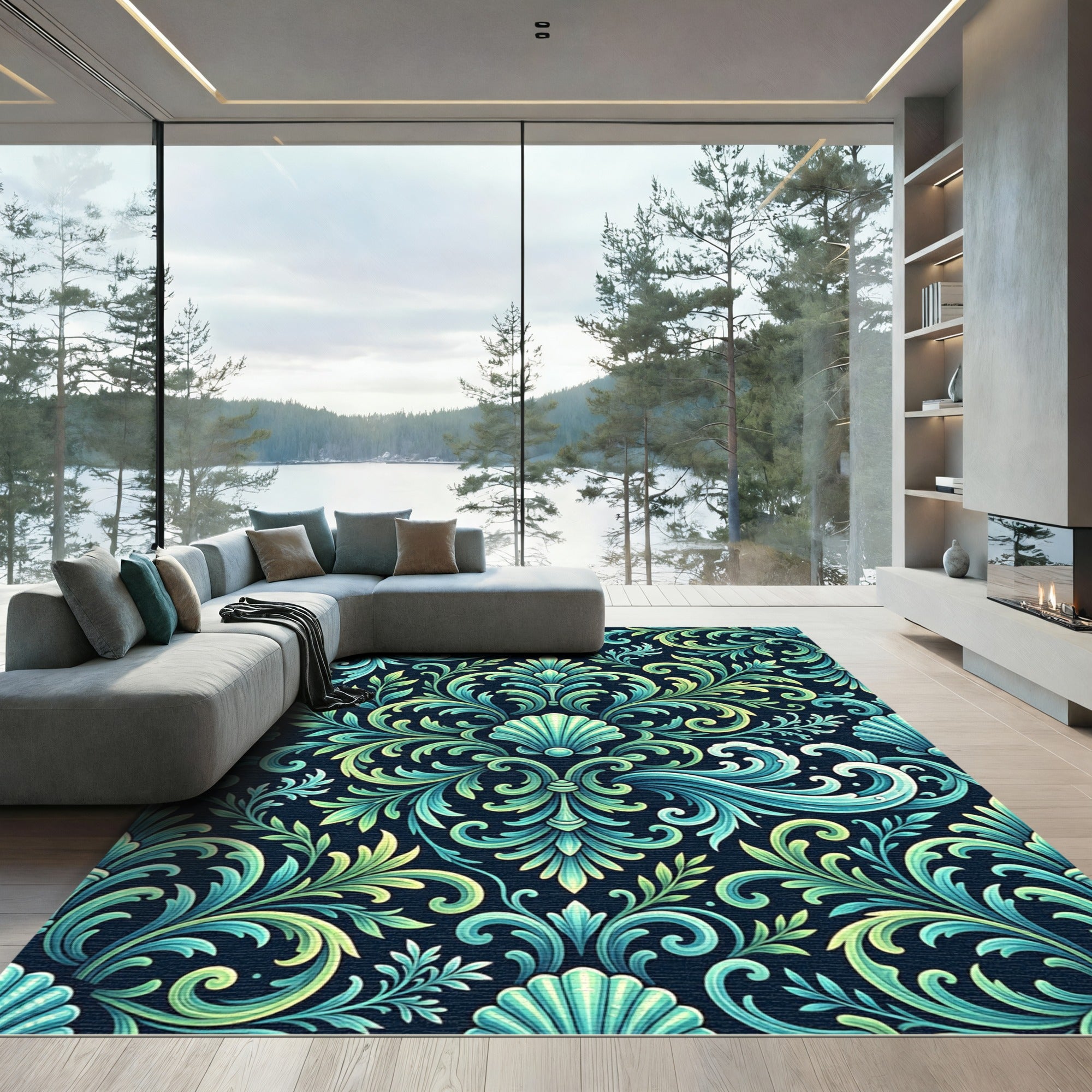 Deep Teal Ocean Scrollwork Laminate Rug