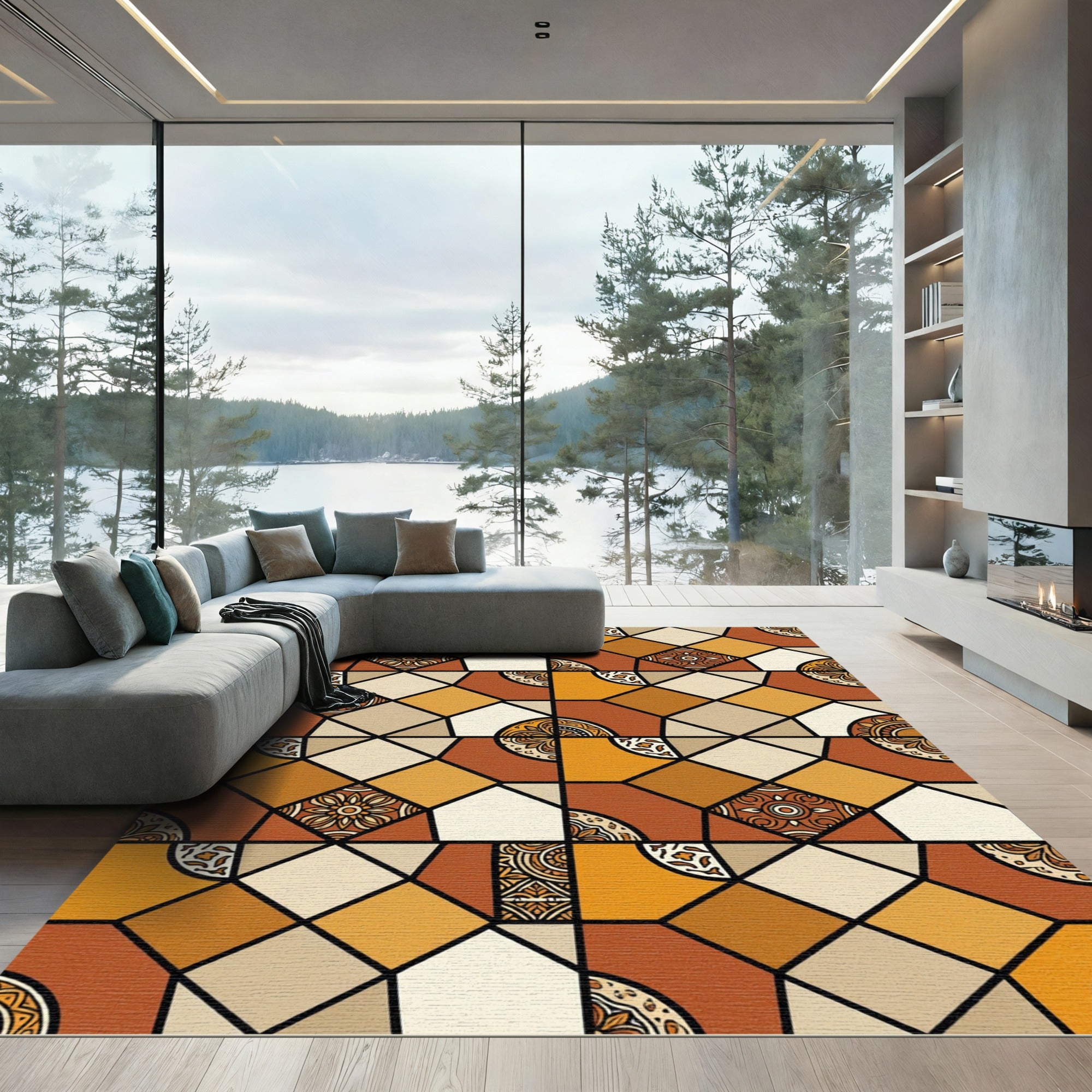Geometric Ochre Terracotta Tile Mosaic Rug