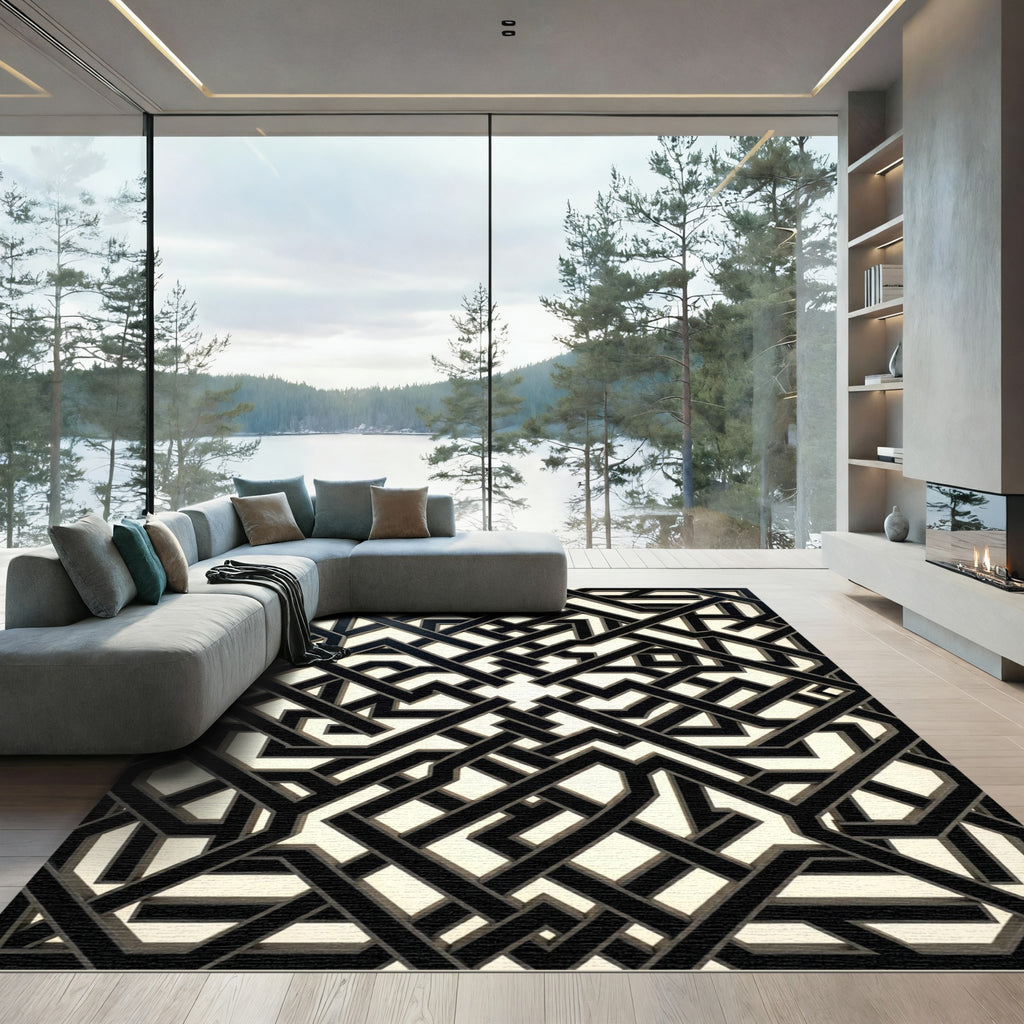 Black Monochrome Geometric Interlocking Grid Rug