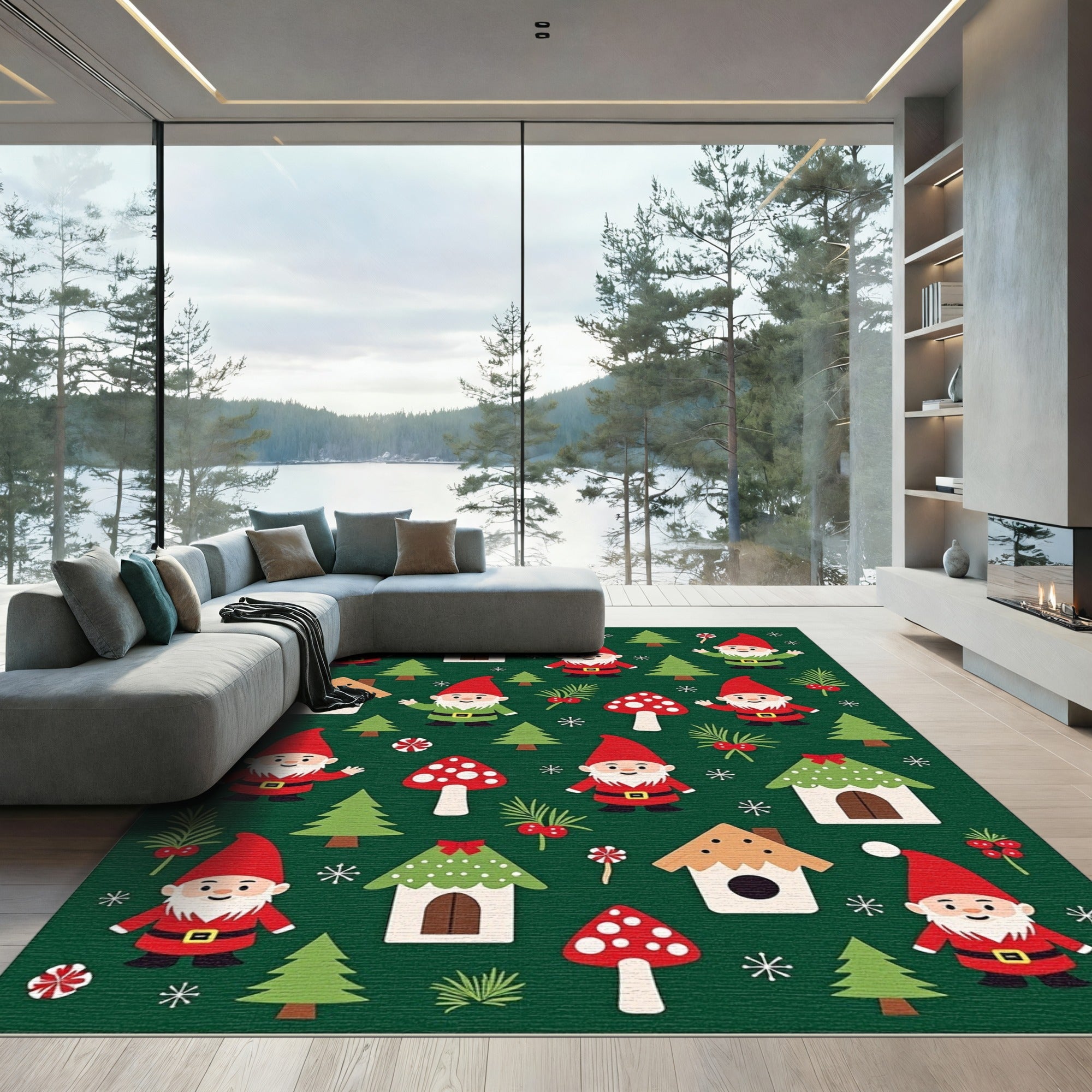 Whimsical Gnomes Forest Christmas Theme Rug