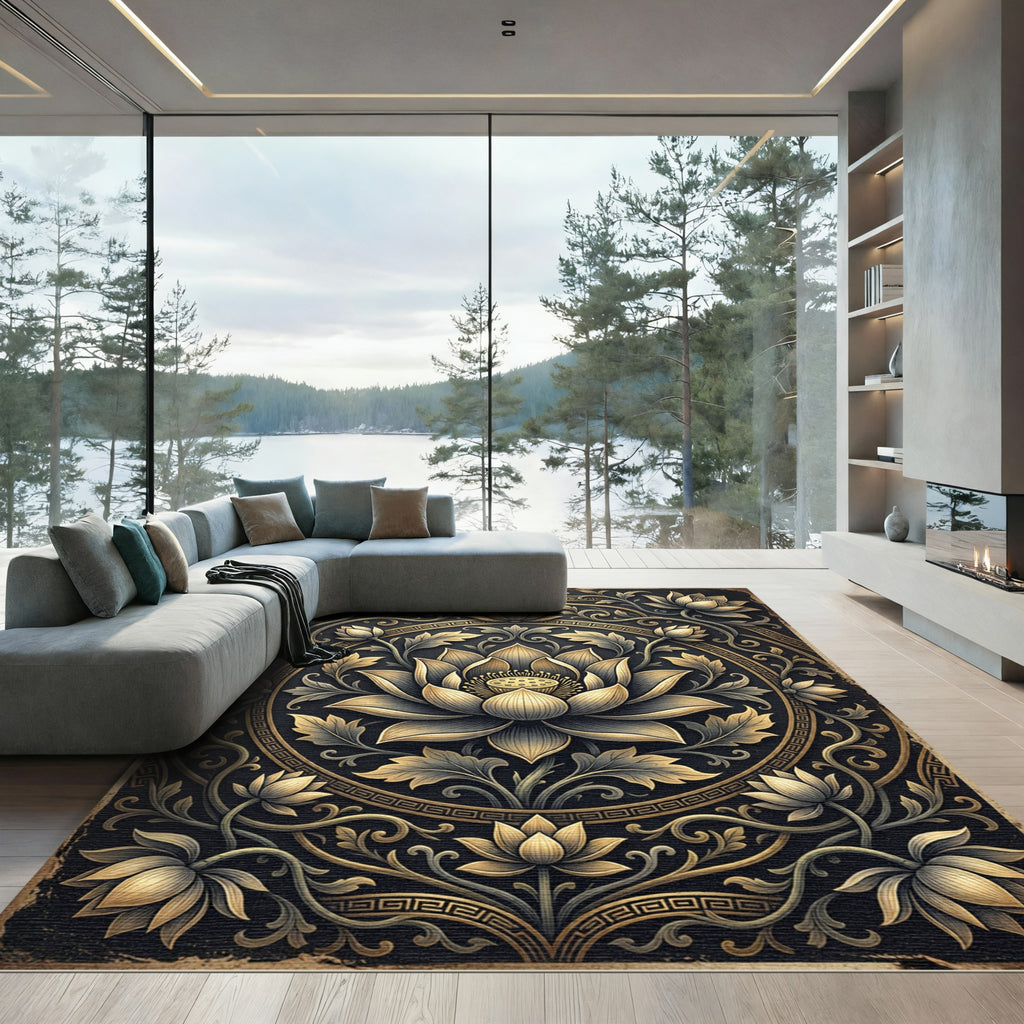 Golden Lotus Floral Medallion Area Decor Rug