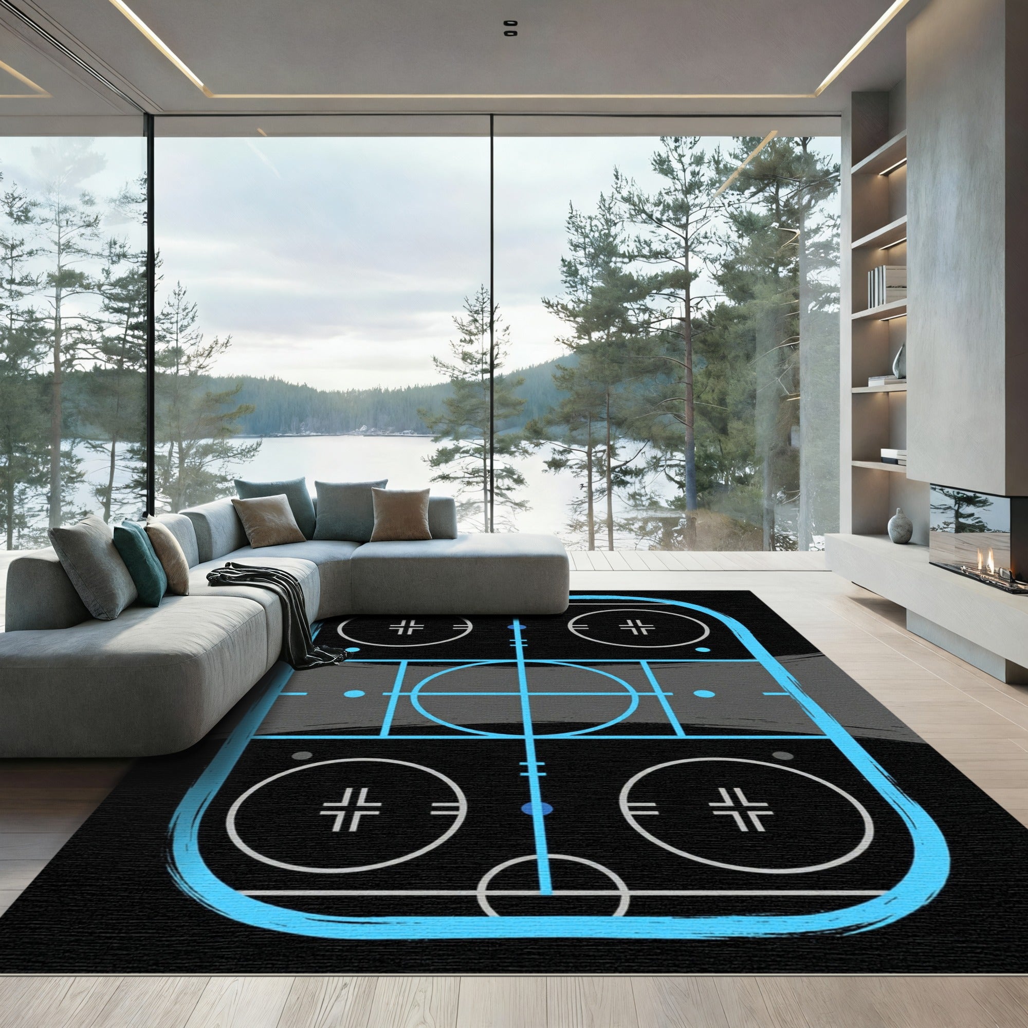 Modern Neon Blue Hockey Rink Graphic Rug