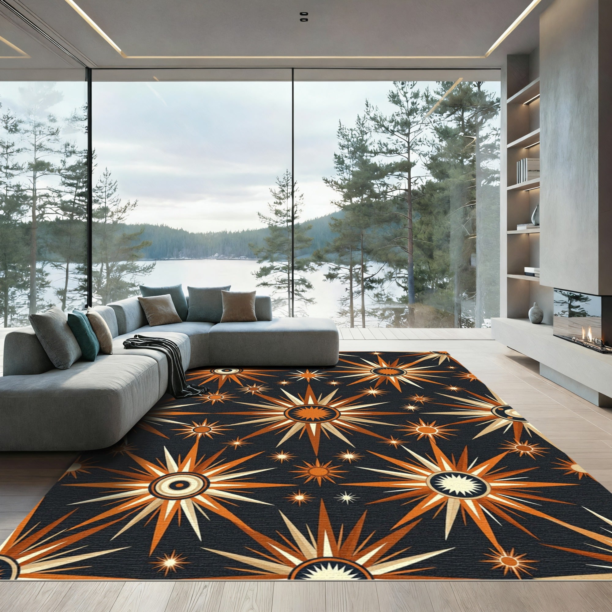 Celestial Golden Starry Night Art Rug