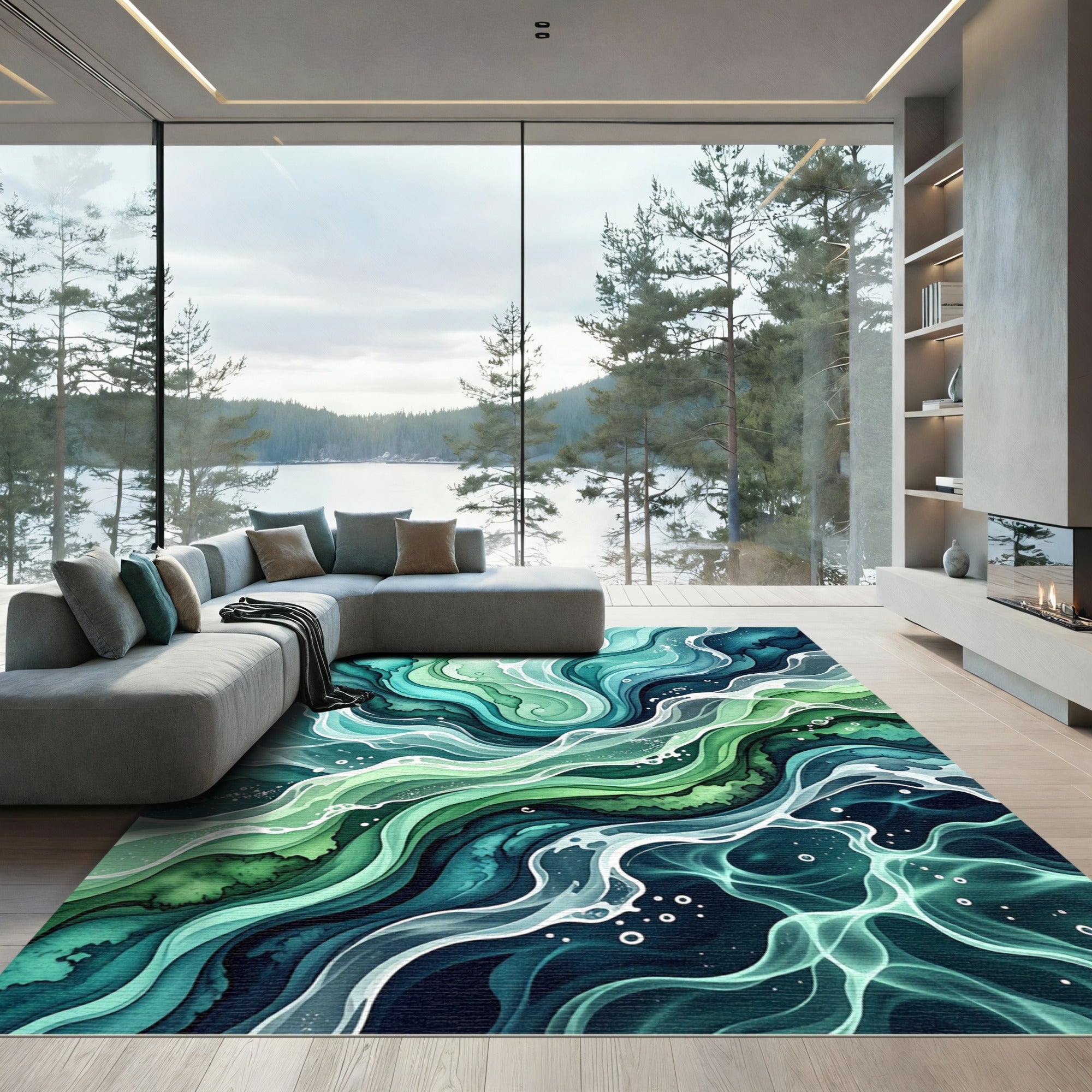 Emerald Teal Abstract Swirl Watercolor Rug