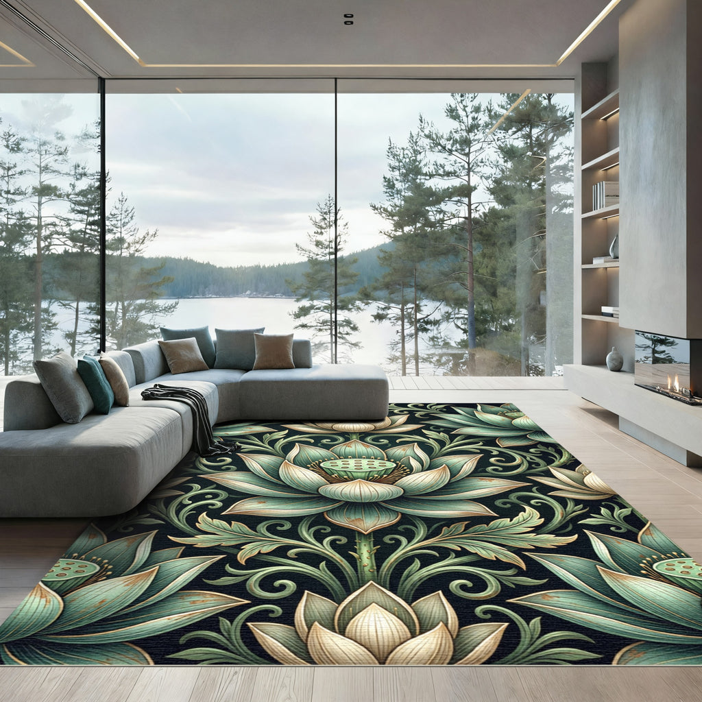 Sage Lotus Botanical Scroll Medallion Rug