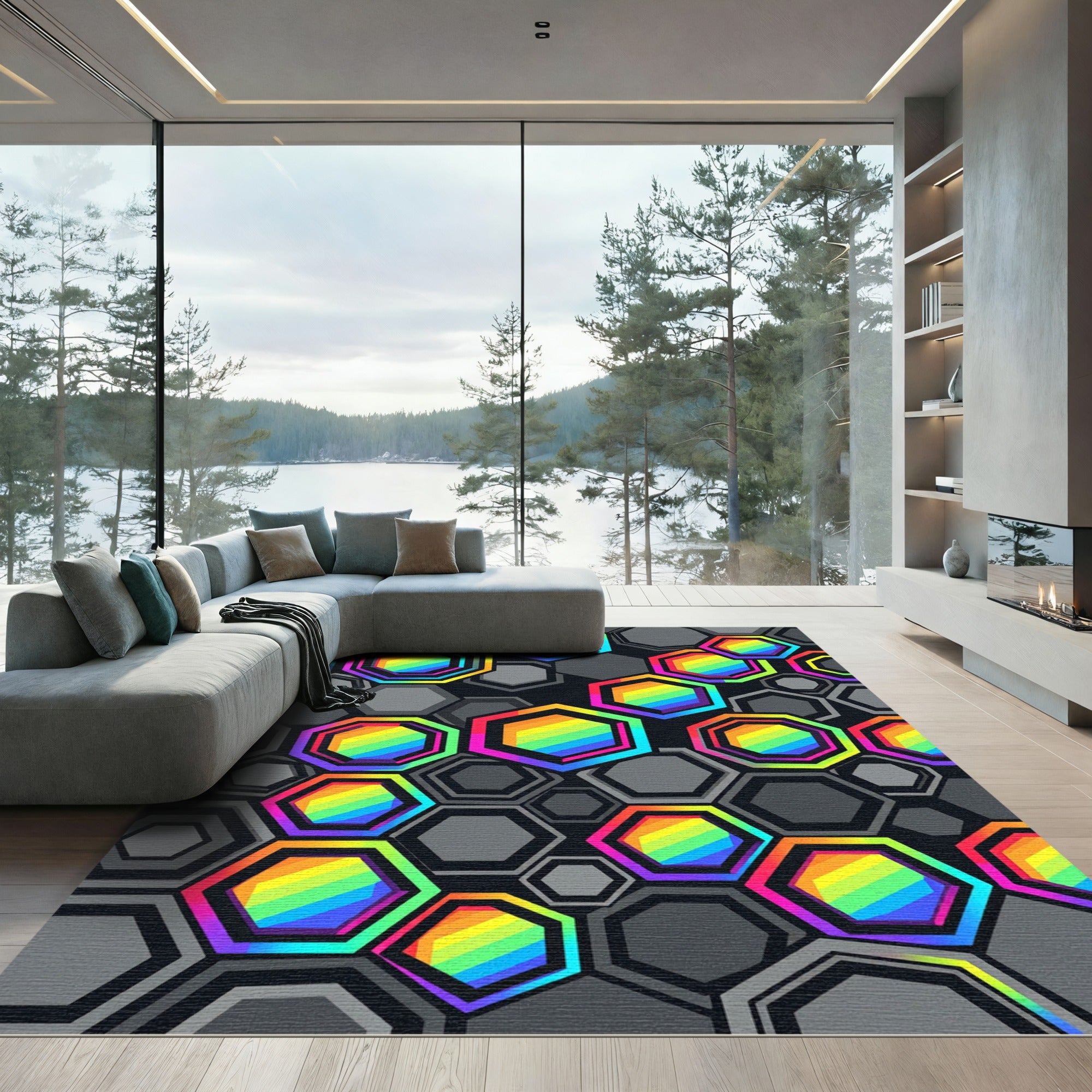 Vibrant Rainbow Geometric Hexagon Mosaic Rug