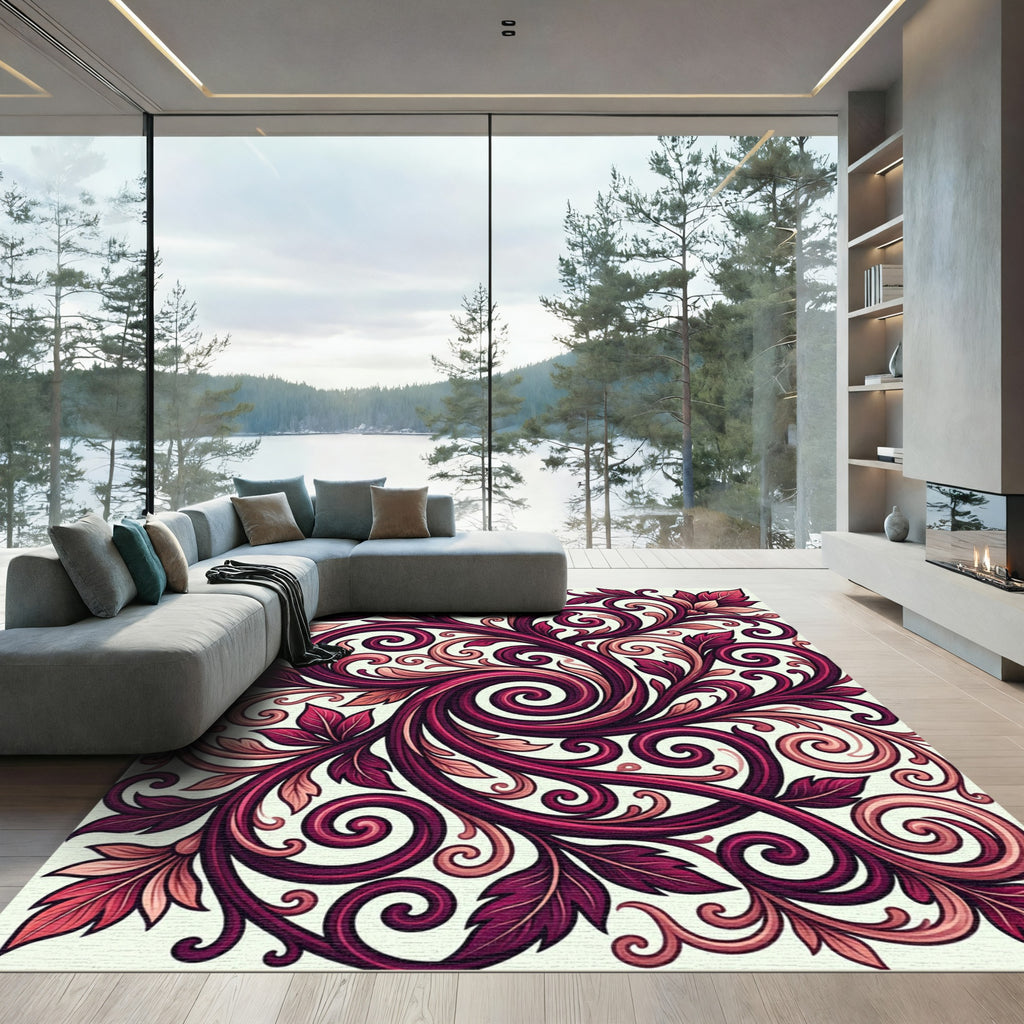 Deep Burgundy Floral Scroll Swirl Rug
