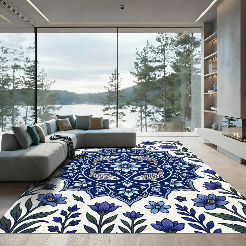 Navy Blue Fish Floral Medallion Rug