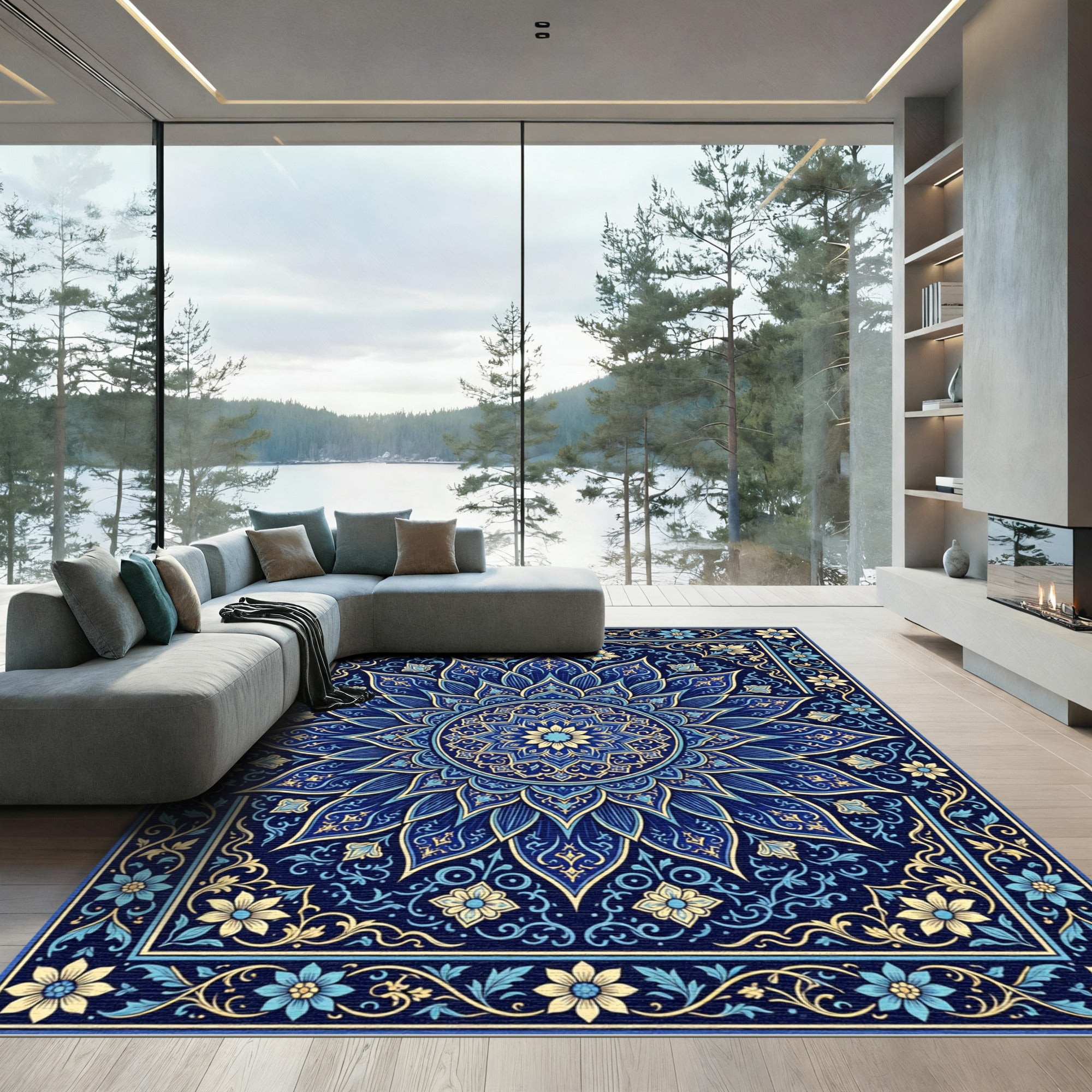 Deep Blue Floral Medallion Mandalas Rug
