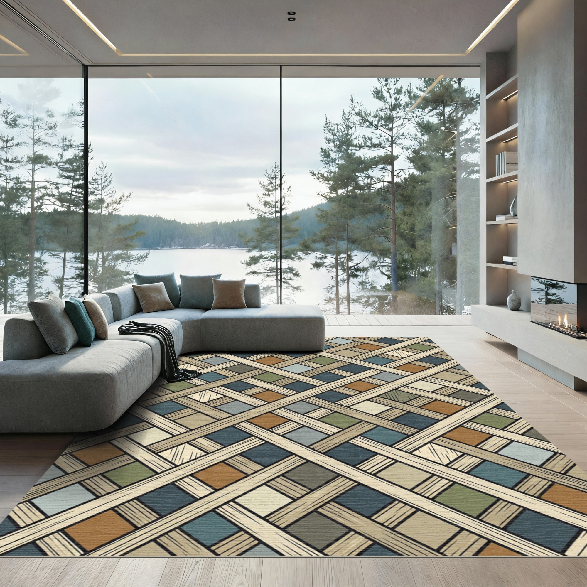 Earthy Geometric Woven Lattice Weave Rug