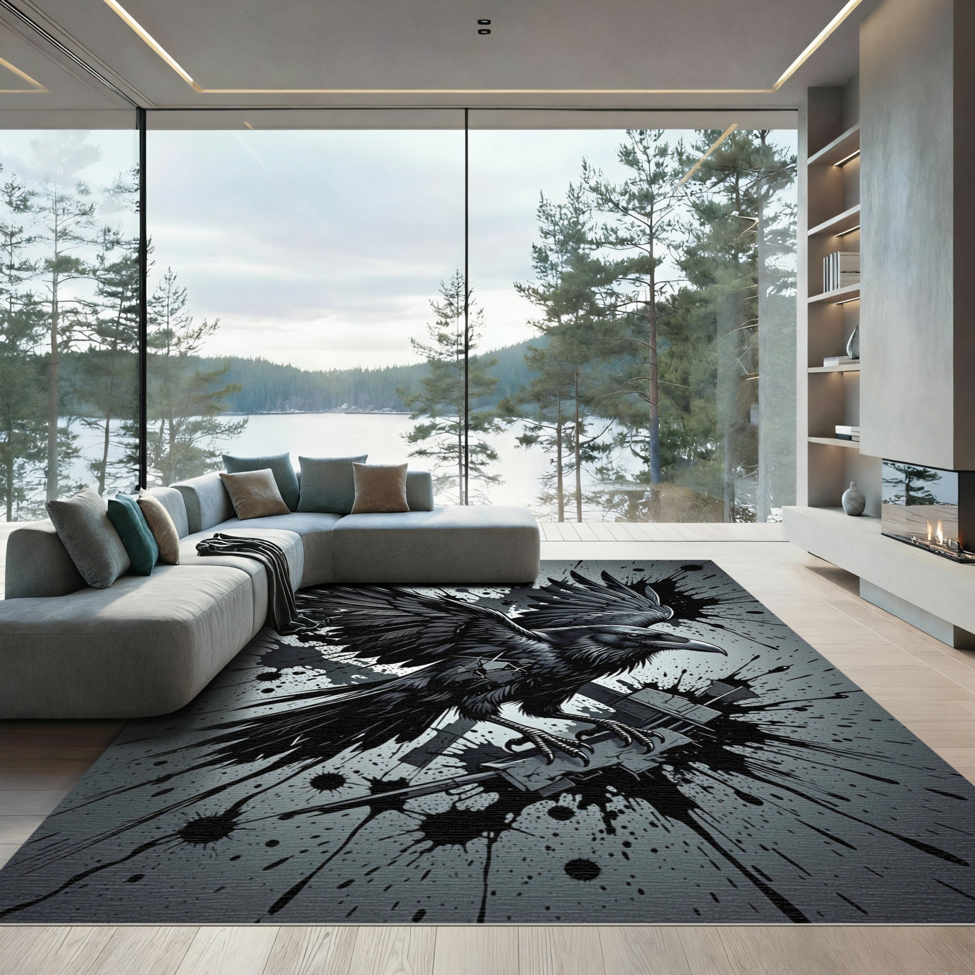 Dark Raven Ink Splatter Rug