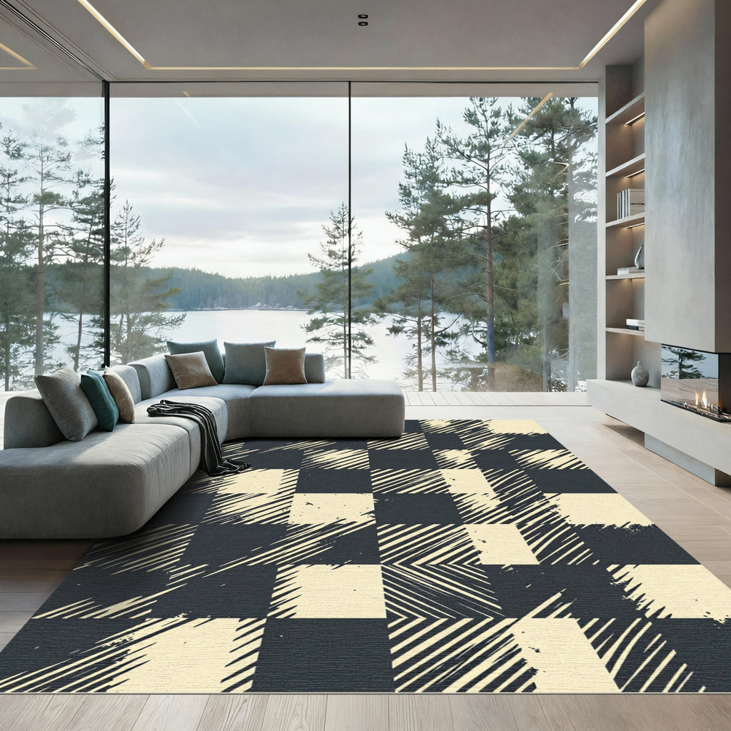 Black Cream Distressed Plaid Squares Rug